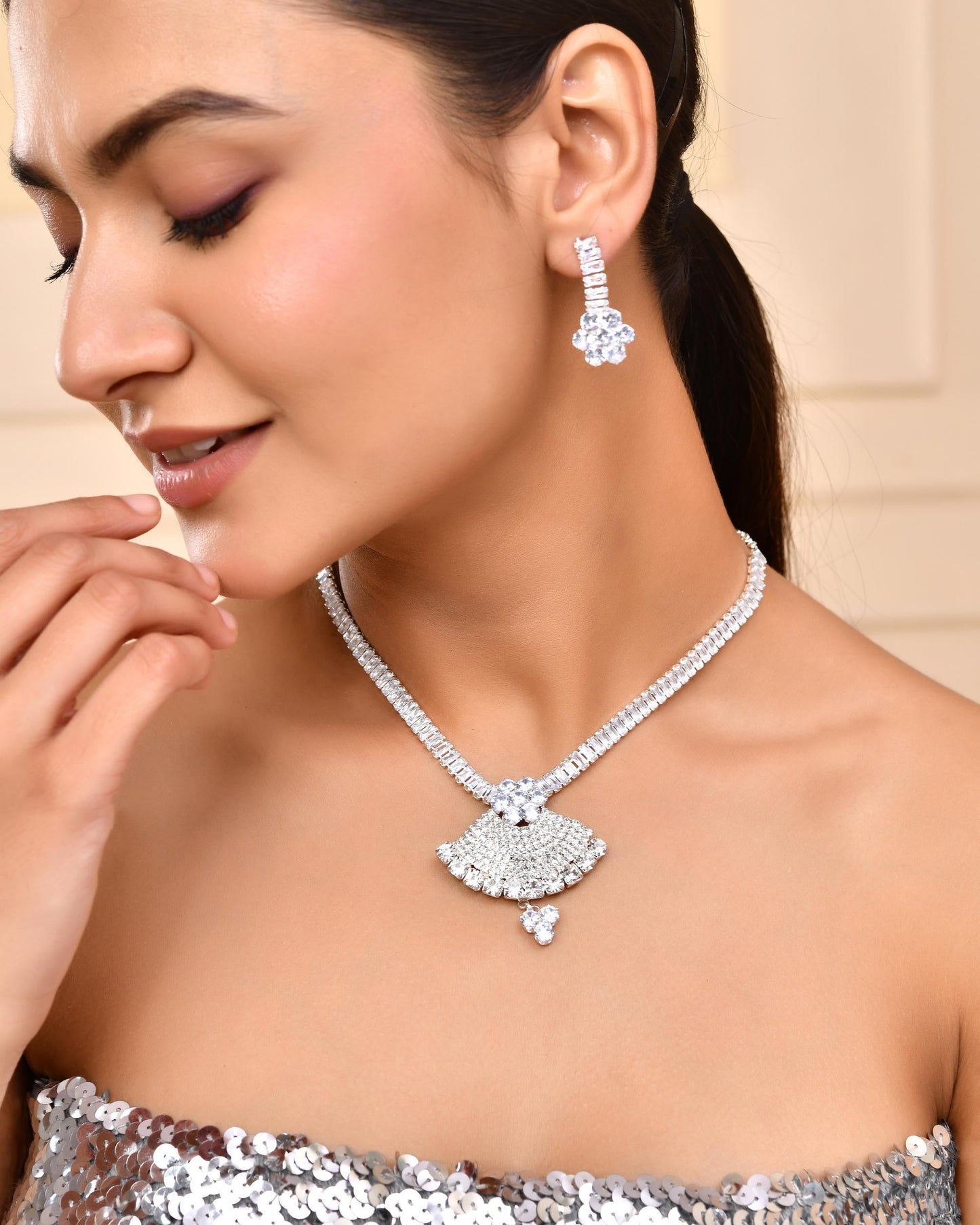 VOJ Silver Plated CZ Stone Studded Designer Jewellery Set - Swadesiicart