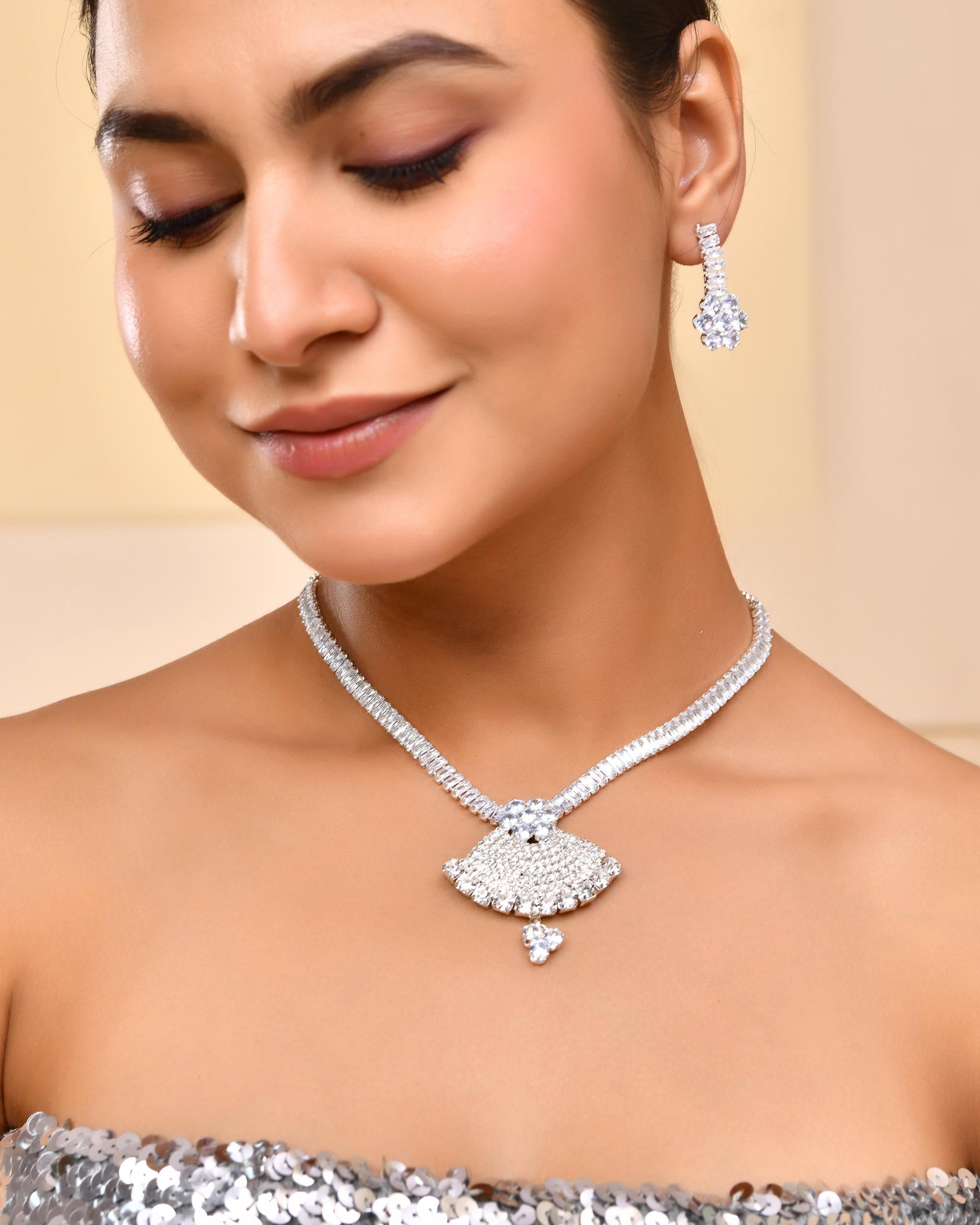 VOJ Silver Plated CZ Stone Studded Designer Jewellery Set - Swadesiicart