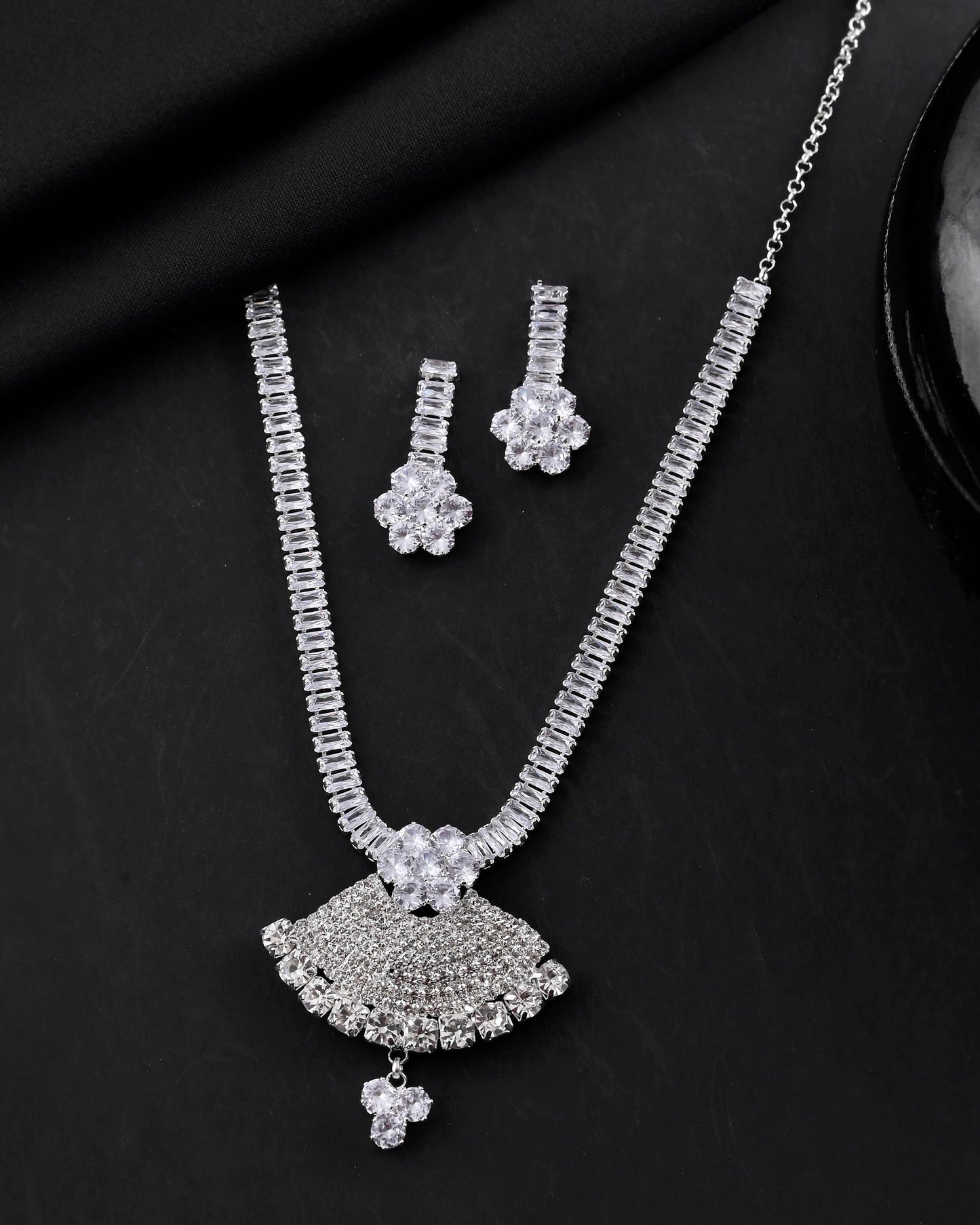 VOJ Silver Plated CZ Stone Studded Designer Jewellery Set - Swadesiicart