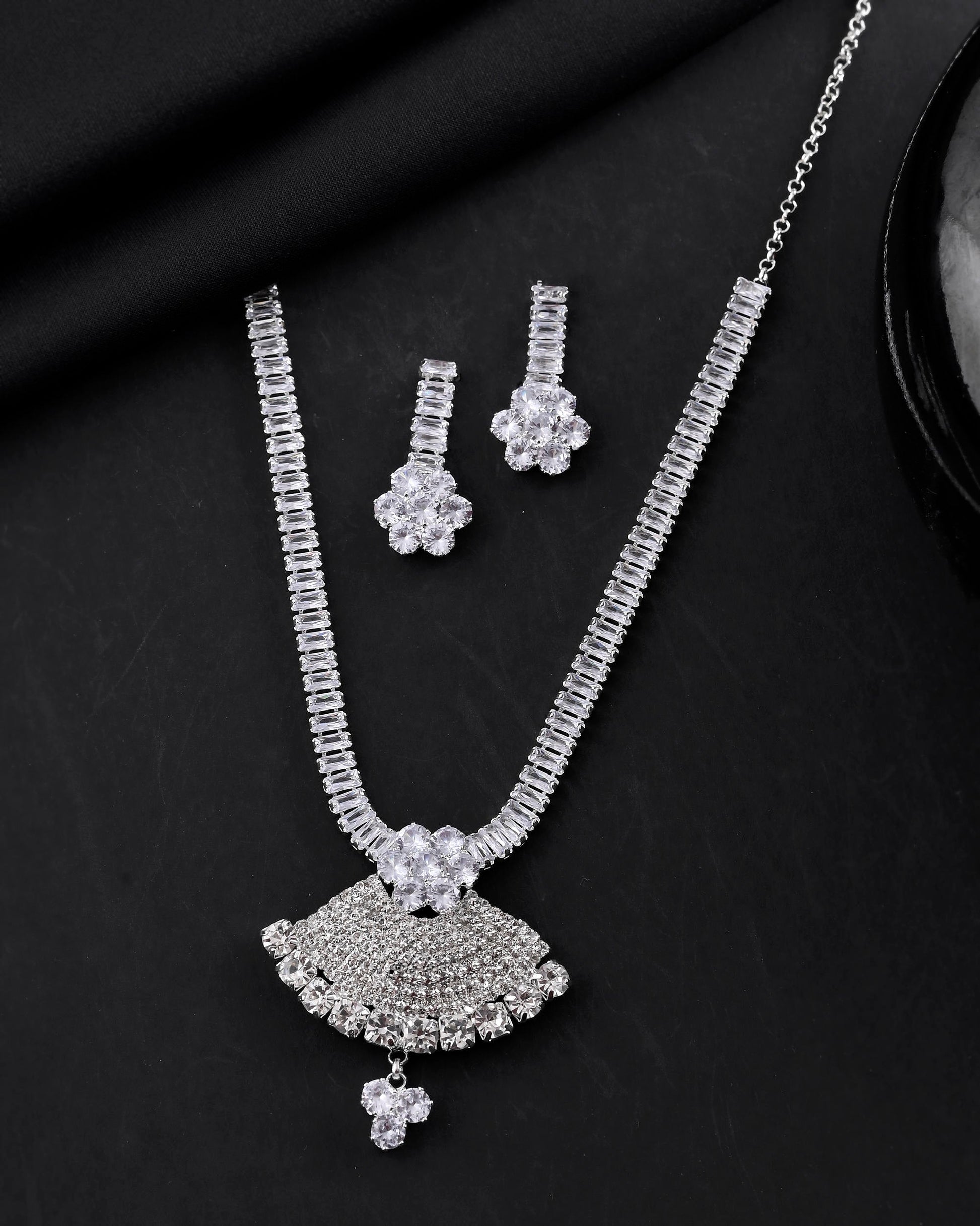 VOJ Silver Plated CZ Stone Studded Designer Jewellery Set - Swadesiicart