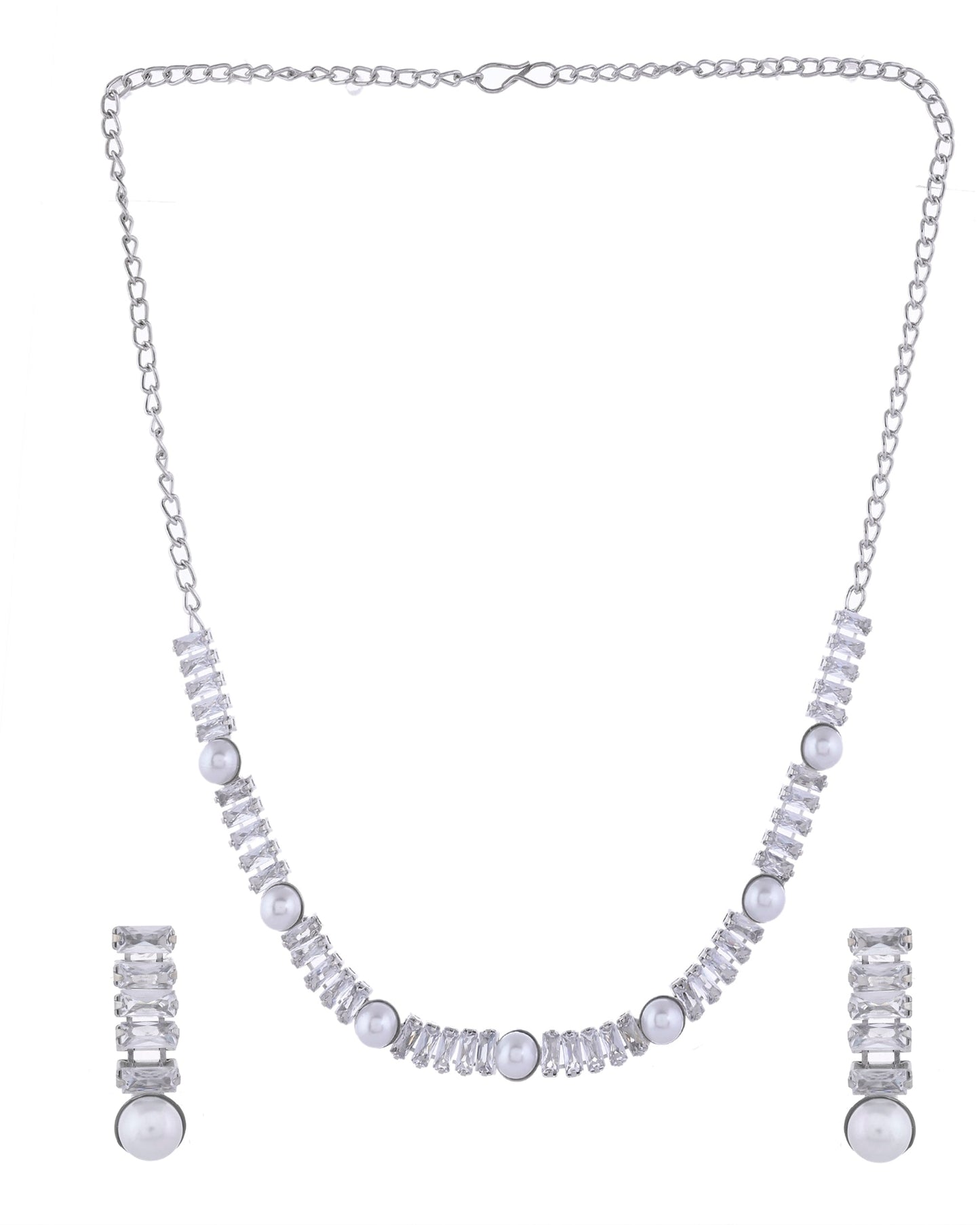VOJ Silver Plated Pearl And Stone Studded Necklace Set - Swadesiicart