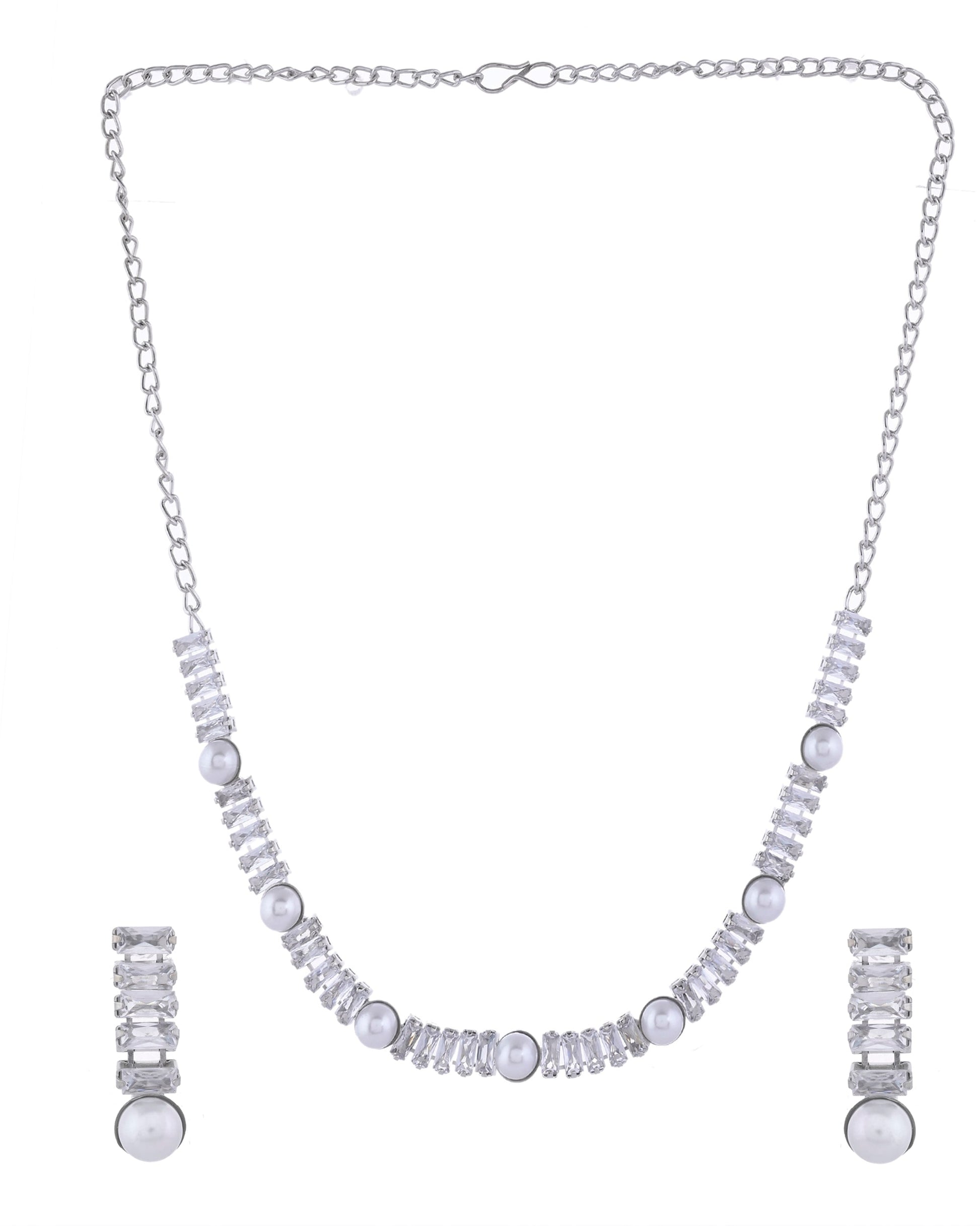 VOJ Silver Plated Pearl And Stone Studded Necklace Set - Swadesiicart