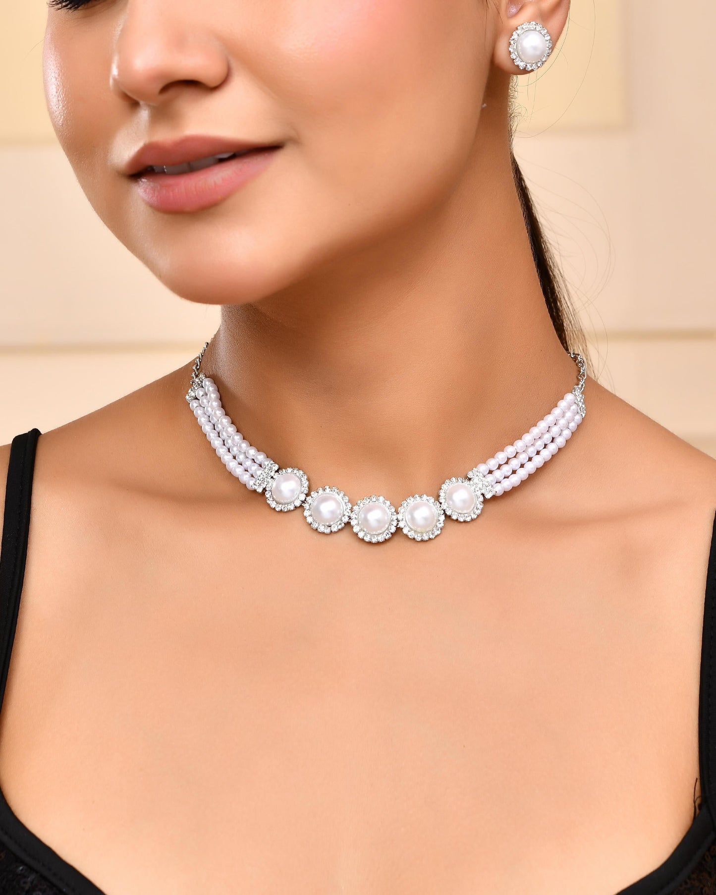VOJ Silver Plated White Pearl And CZ Stone Choker Set - Swadesiicart