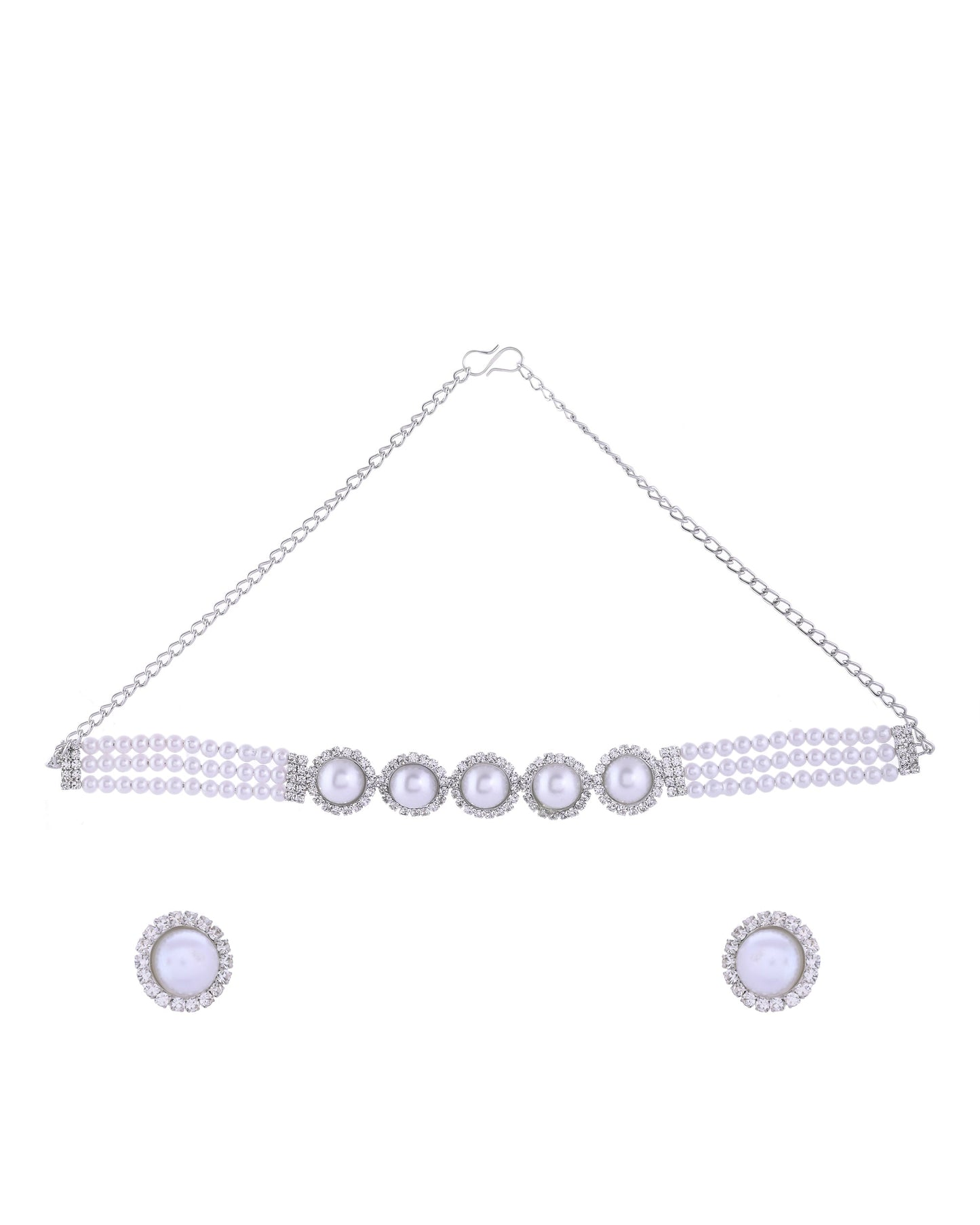 VOJ Silver Plated White Pearl And CZ Stone Choker Set - Swadesiicart