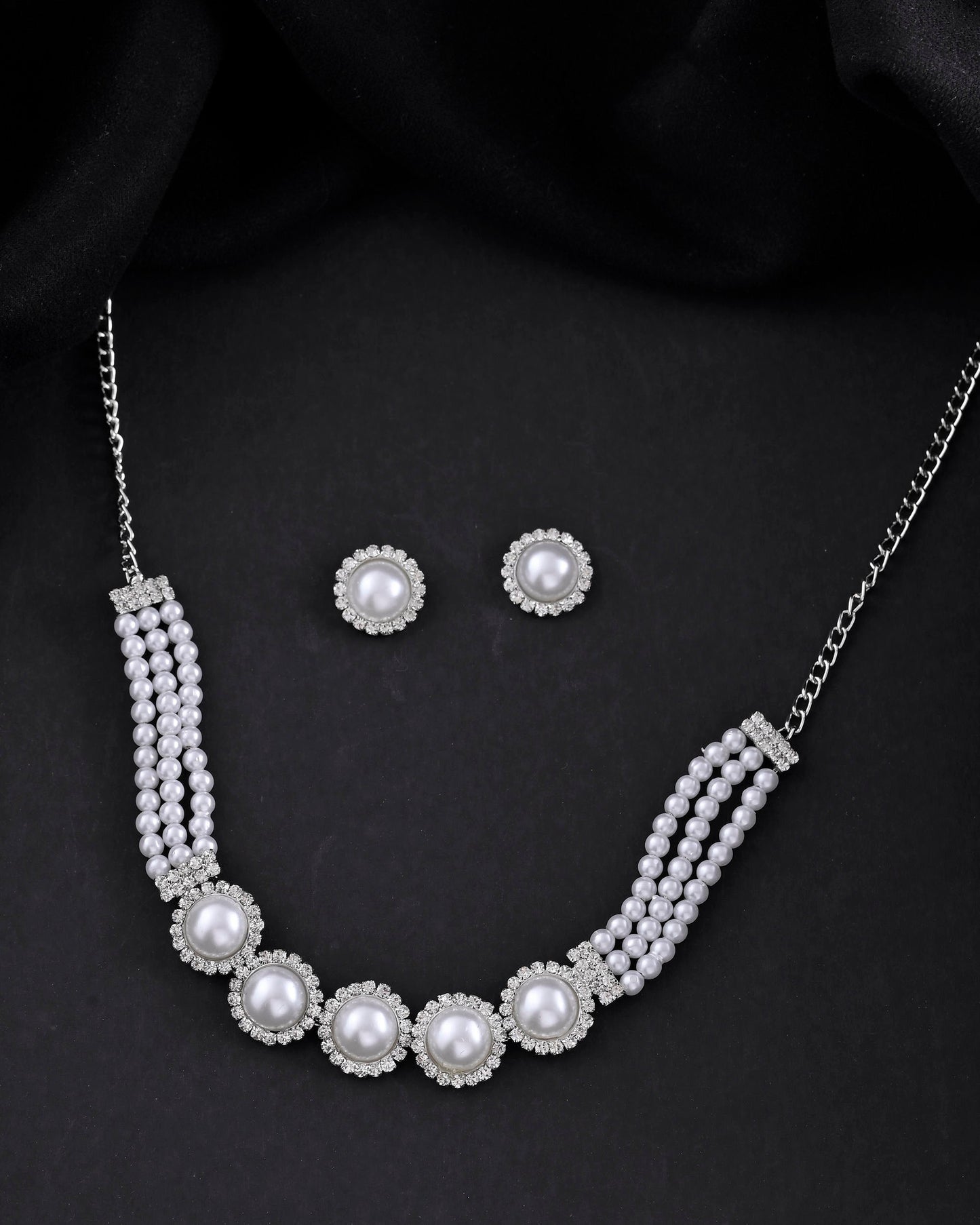 VOJ Silver Plated White Pearl And CZ Stone Choker Set - Swadesiicart