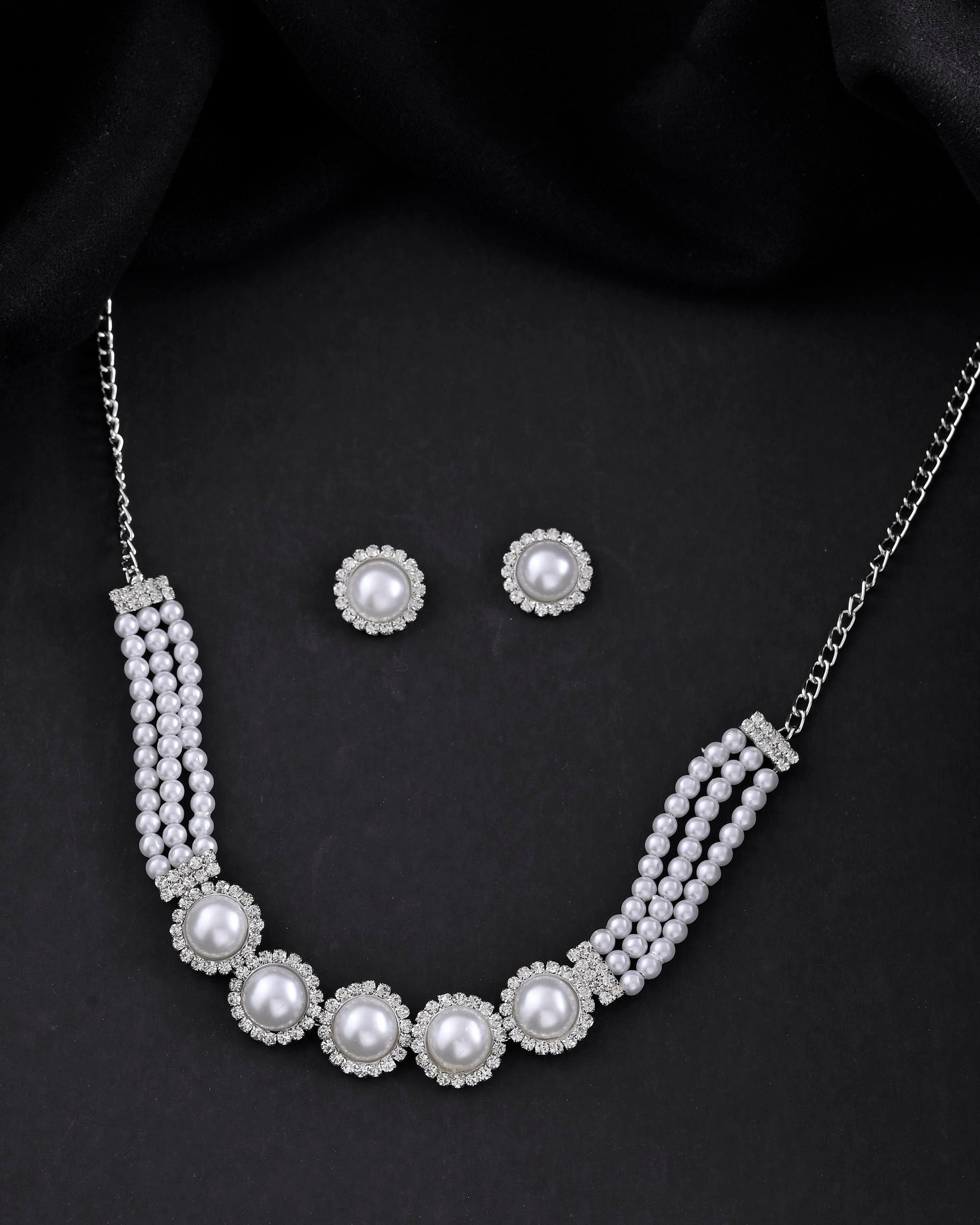 VOJ Silver Plated White Pearl And CZ Stone Choker Set - Swadesiicart