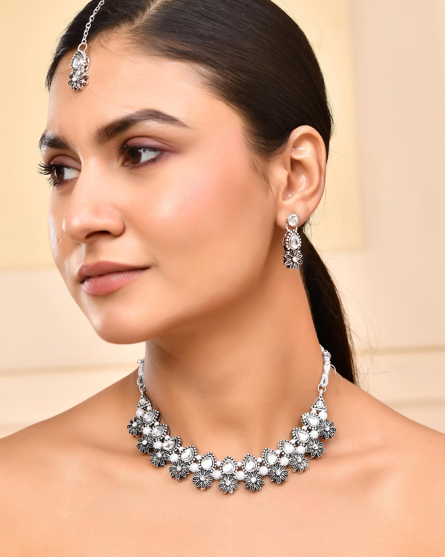 VOJ Oxidized Floral Designed Stone Studded Necklace Set - Swadesiicart