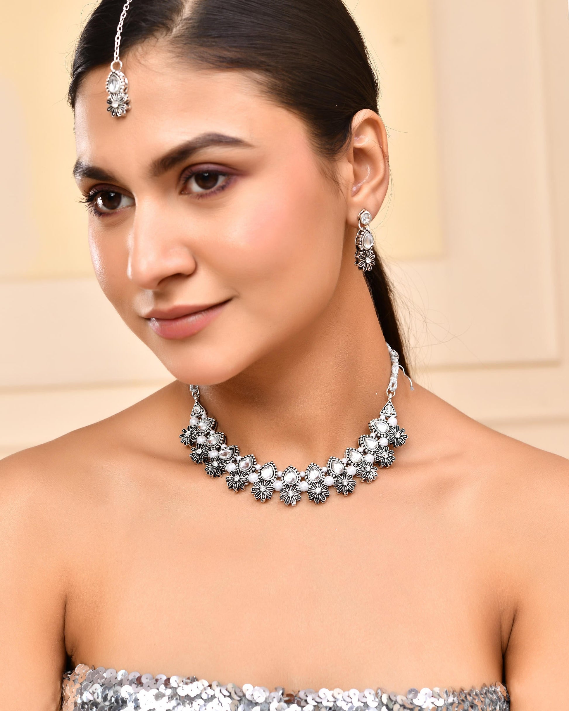 VOJ Oxidized Floral Designed Stone Studded Necklace Set - Swadesiicart