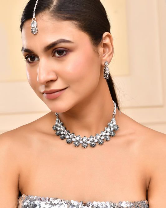 VOJ Oxidized Floral Designed Stone Studded Necklace Set - Swadesiicart