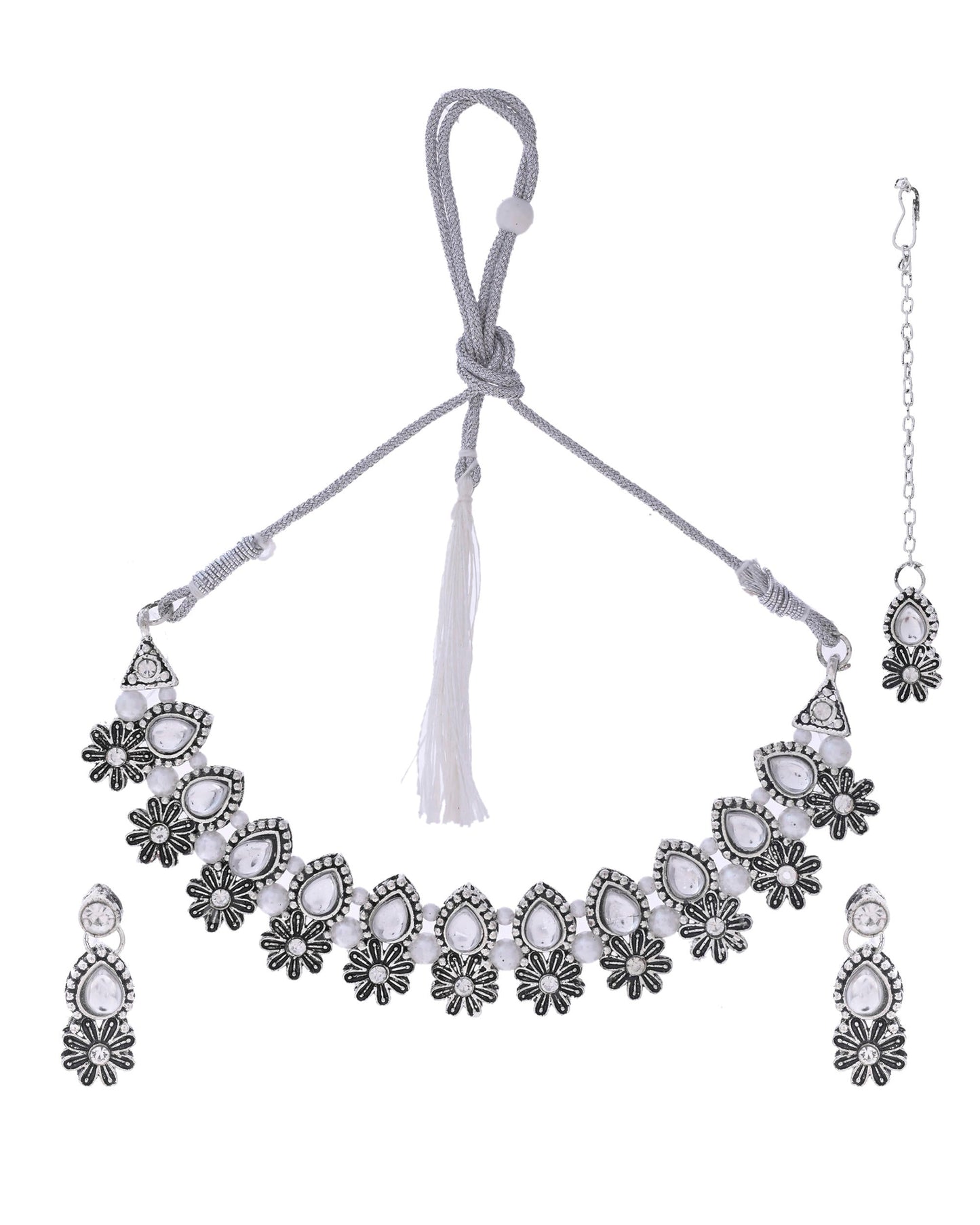 VOJ Oxidized Floral Designed Stone Studded Necklace Set - Swadesiicart
