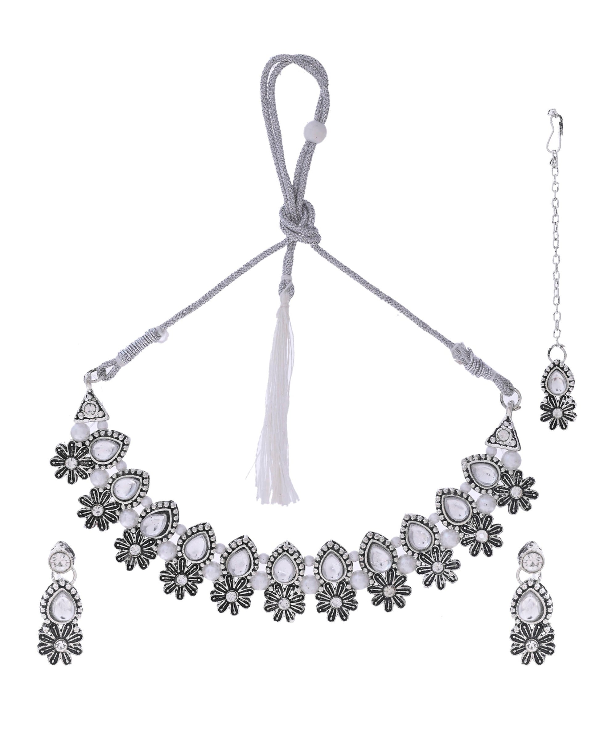 VOJ Oxidized Floral Designed Stone Studded Necklace Set - Swadesiicart
