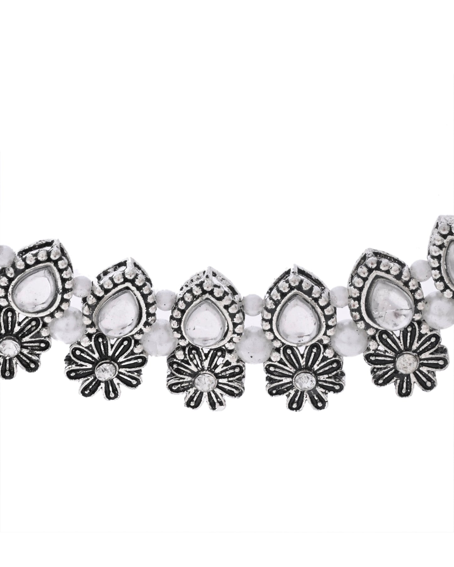 VOJ Oxidized Floral Designed Stone Studded Necklace Set - Swadesiicart