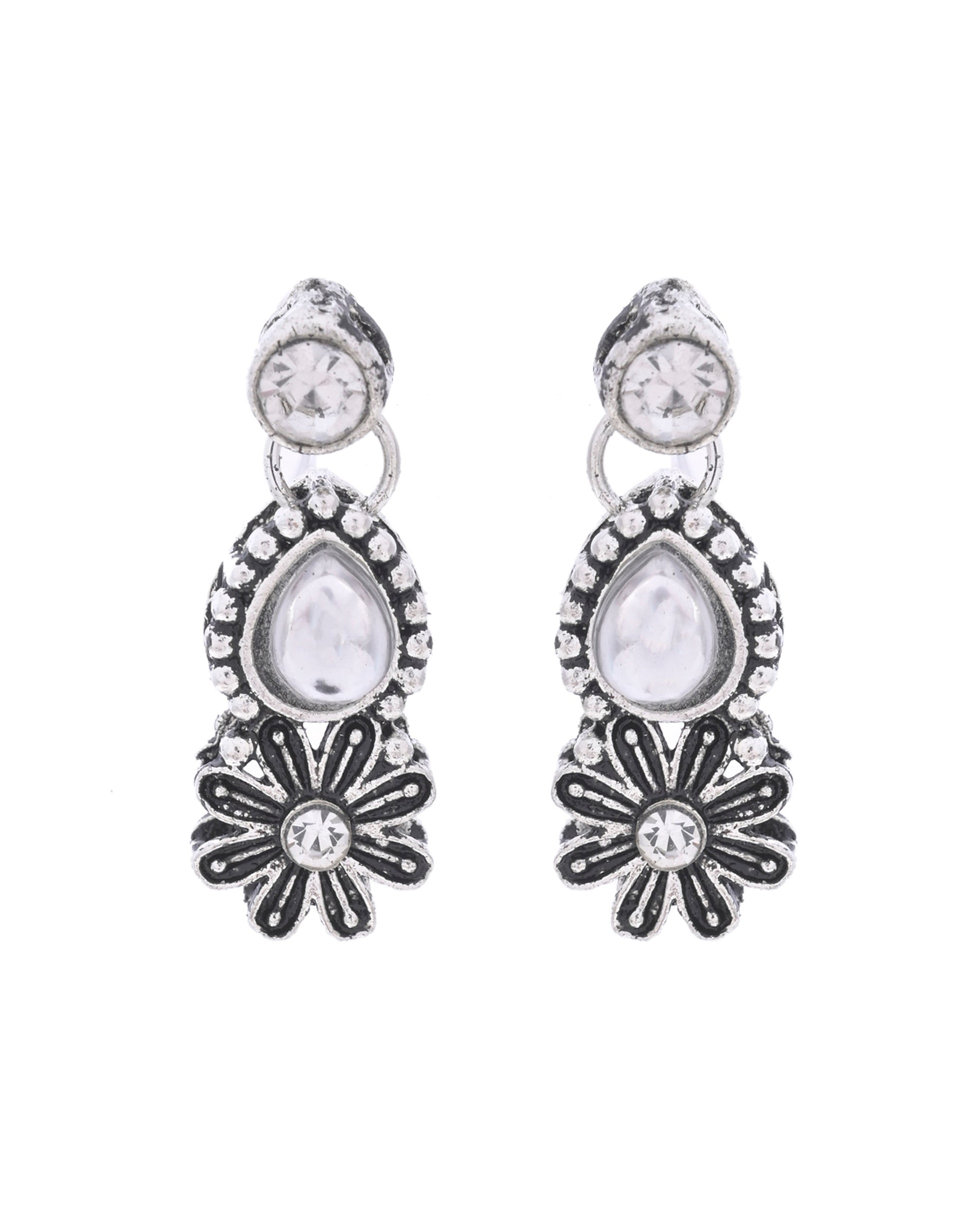 VOJ Oxidized Floral Designed Stone Studded Necklace Set - Swadesiicart