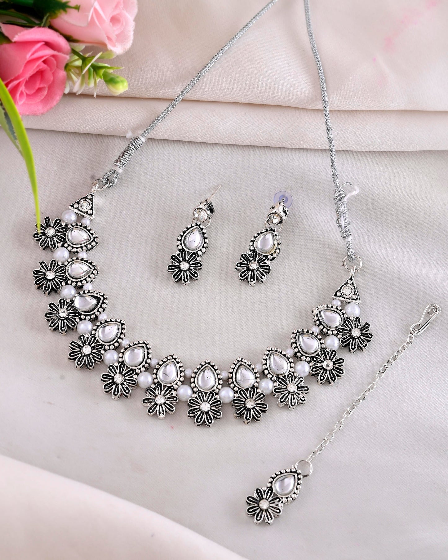 VOJ Oxidized Floral Designed Stone Studded Necklace Set - Swadesiicart