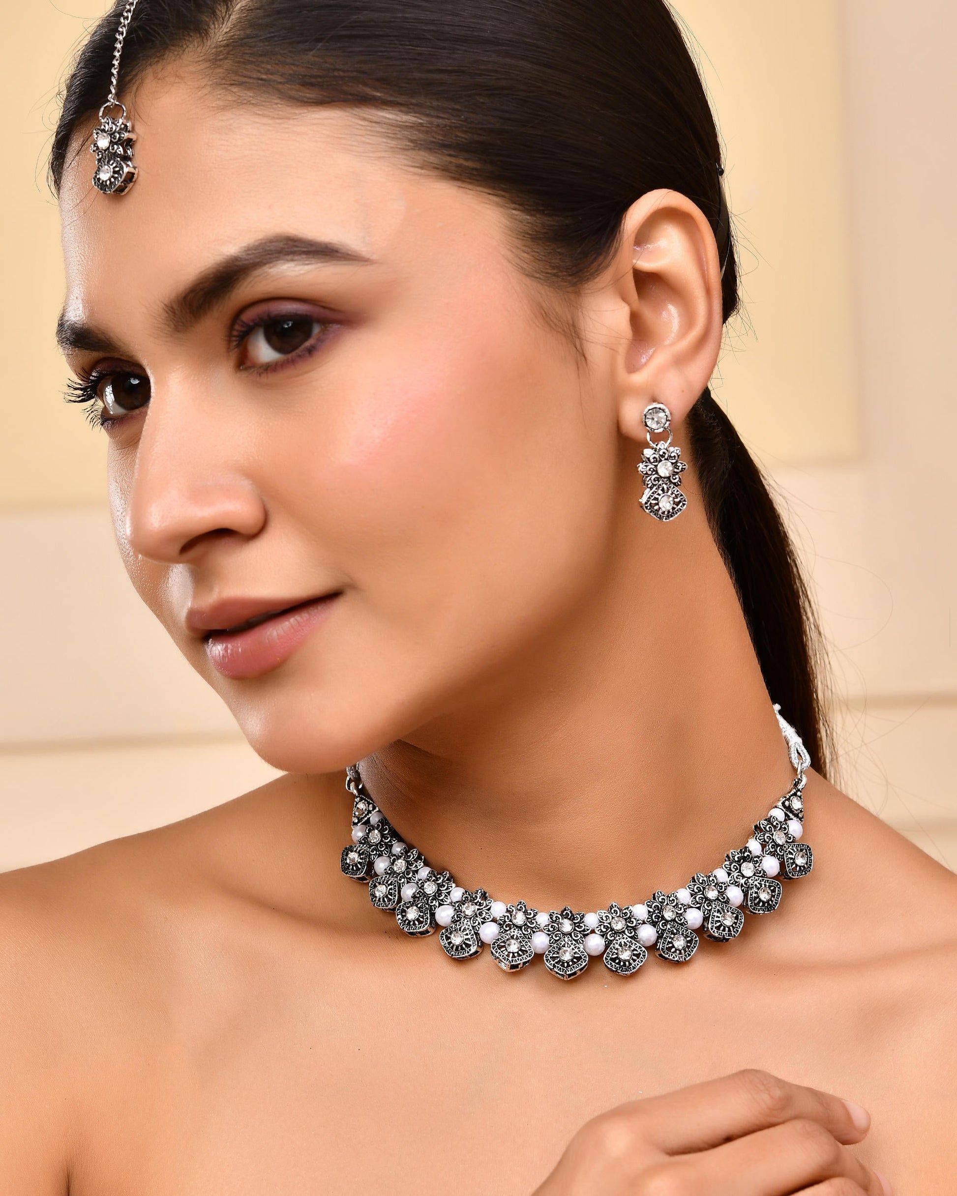 VOJ Oxidized Designer Stone Studded Jewellery Set - Swadesiicart