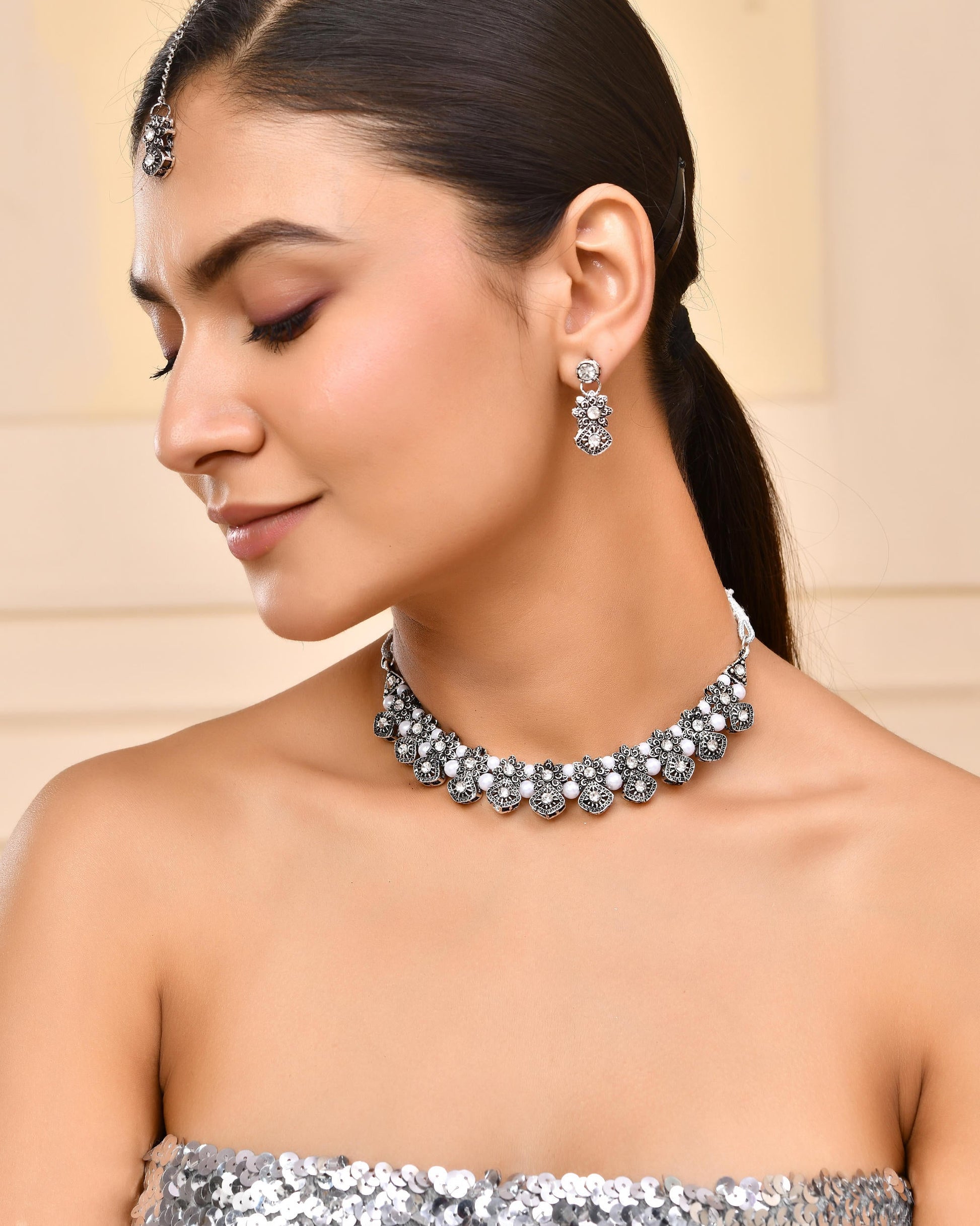VOJ Oxidized Designer Stone Studded Jewellery Set - Swadesiicart