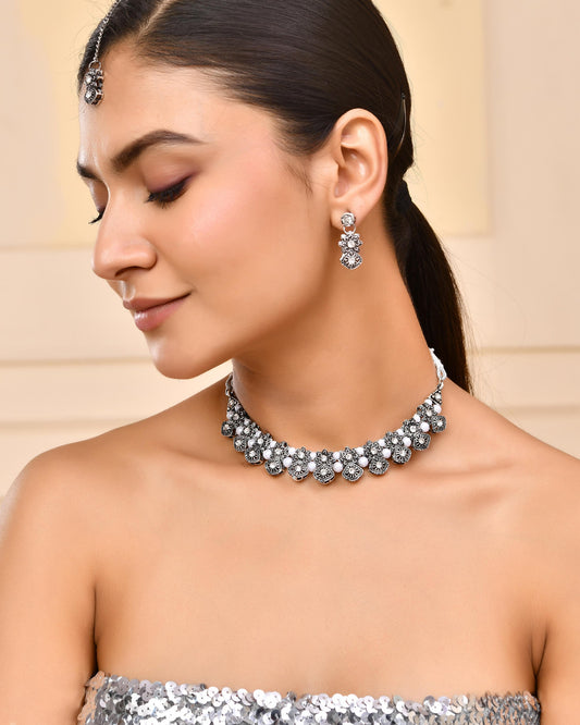 VOJ Oxidized Designer Stone Studded Jewellery Set - Swadesiicart