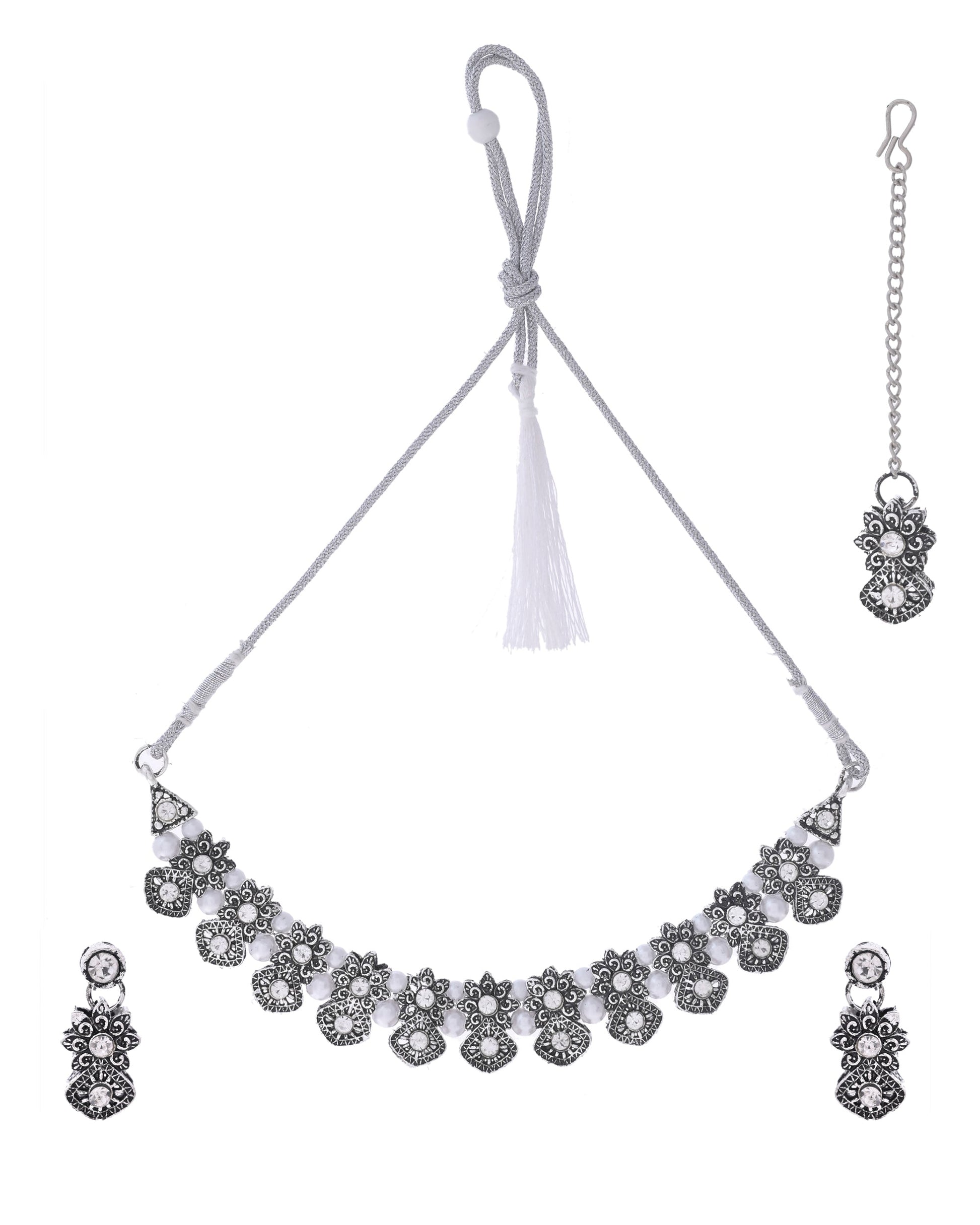 VOJ Oxidized Designer Stone Studded Jewellery Set - Swadesiicart