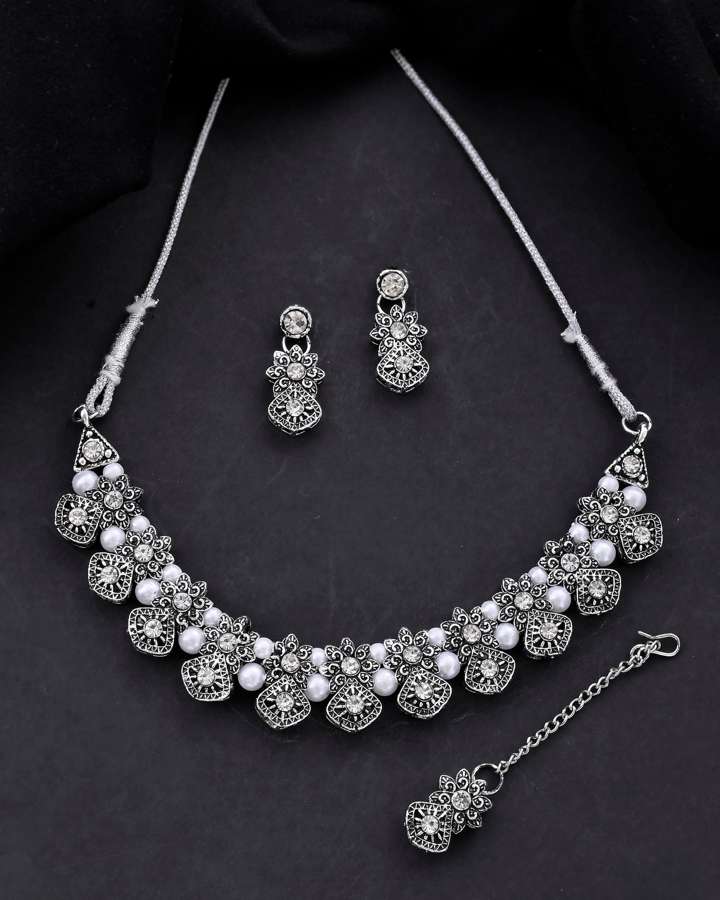 VOJ Oxidized Designer Stone Studded Jewellery Set - Swadesiicart