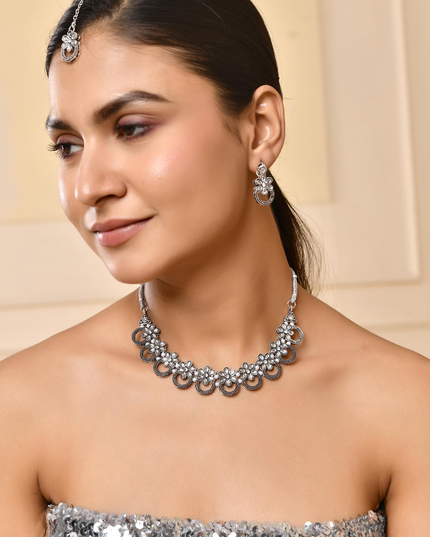 VOJ Oxidized Floral Stone Studded Necklace With Earrings Set - Swadesiicart