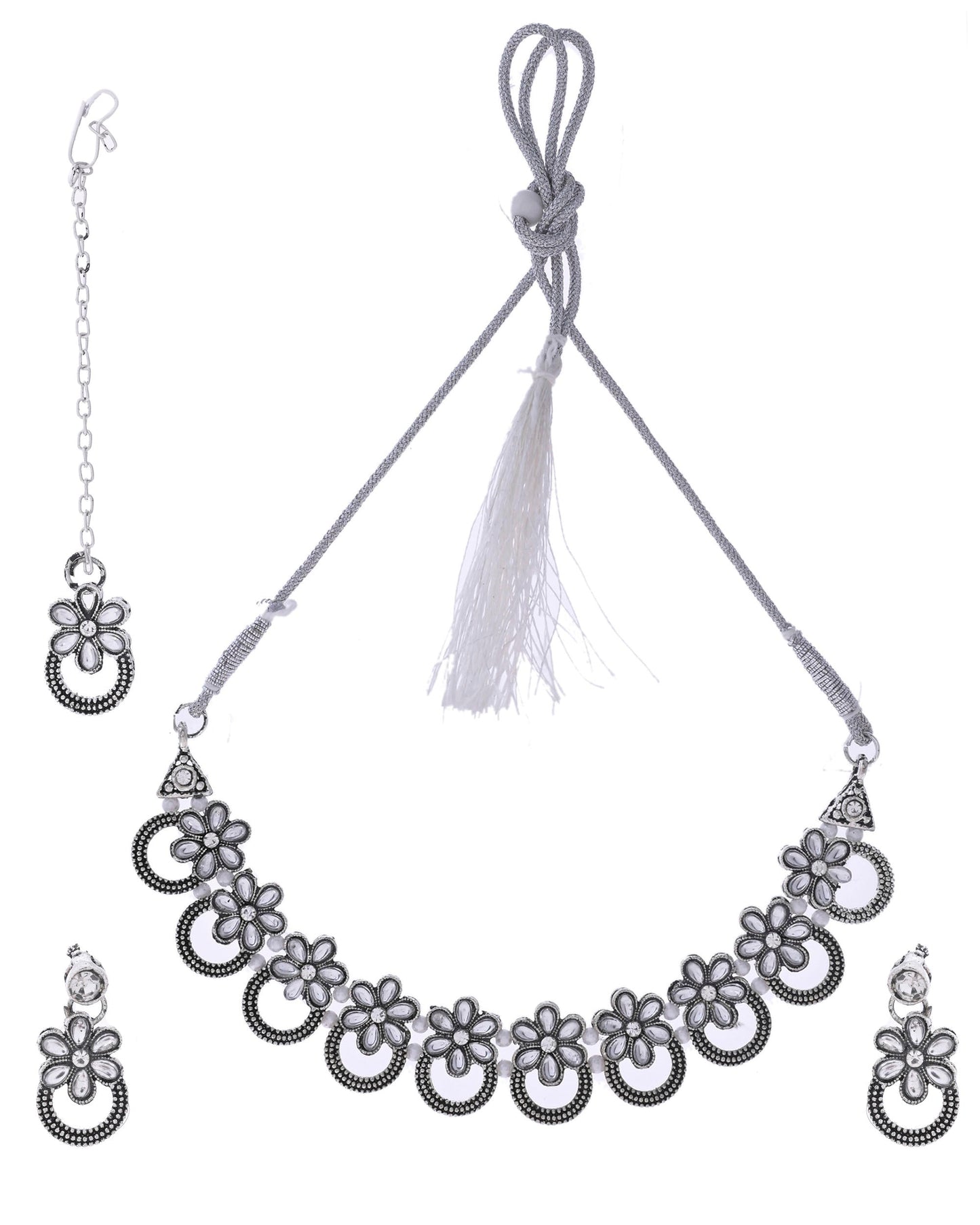 VOJ Oxidized Floral Stone Studded Necklace With Earrings Set - Swadesiicart