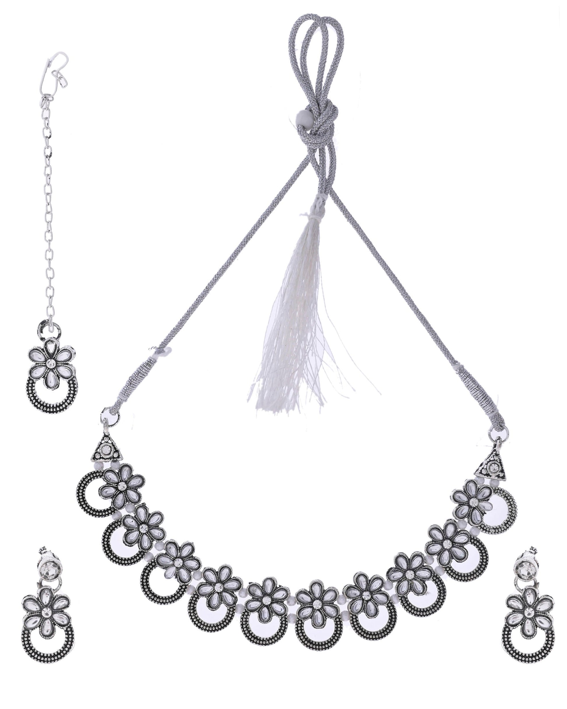 VOJ Oxidized Floral Stone Studded Necklace With Earrings Set - Swadesiicart