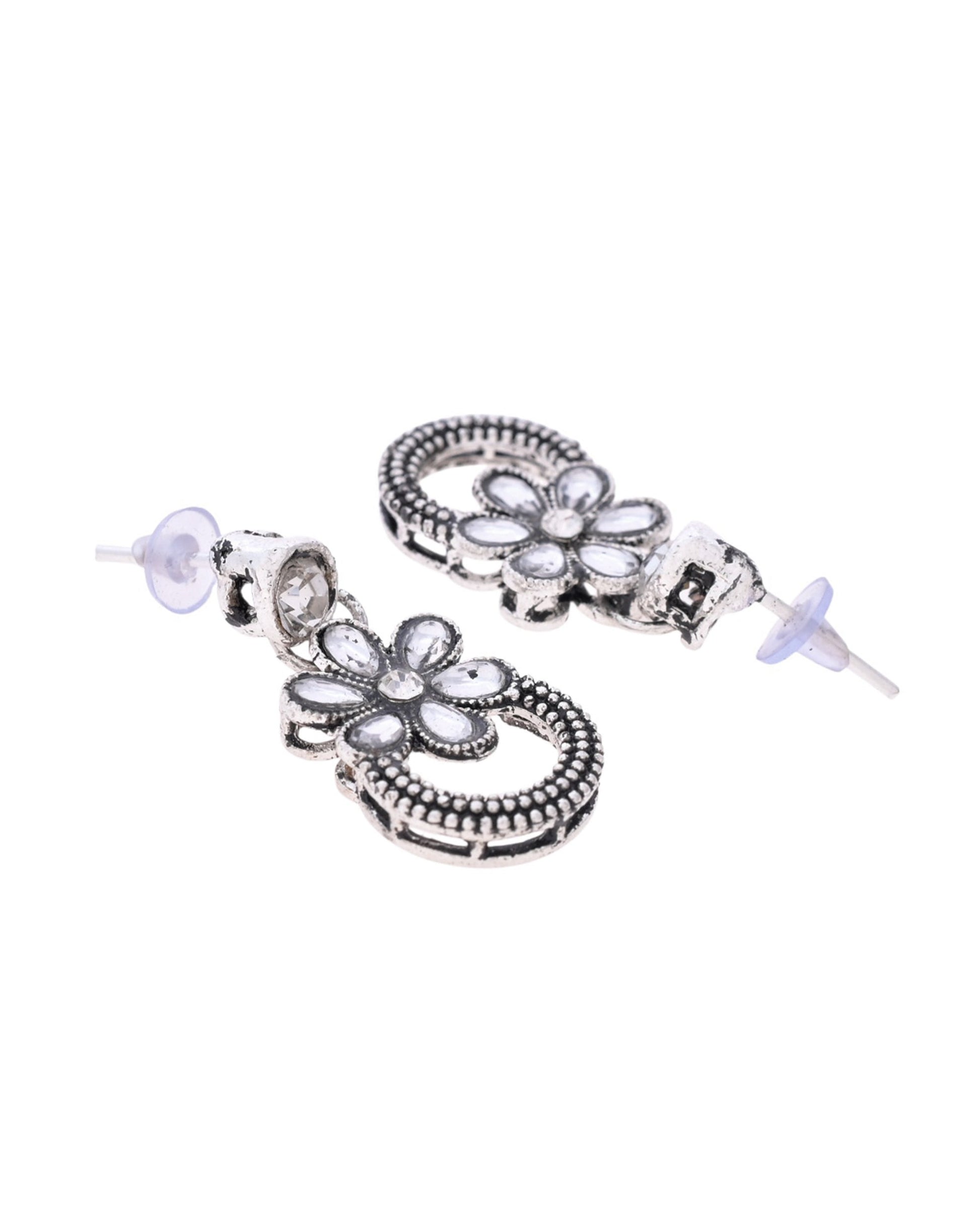 VOJ Oxidized Floral Stone Studded Necklace With Earrings Set - Swadesiicart