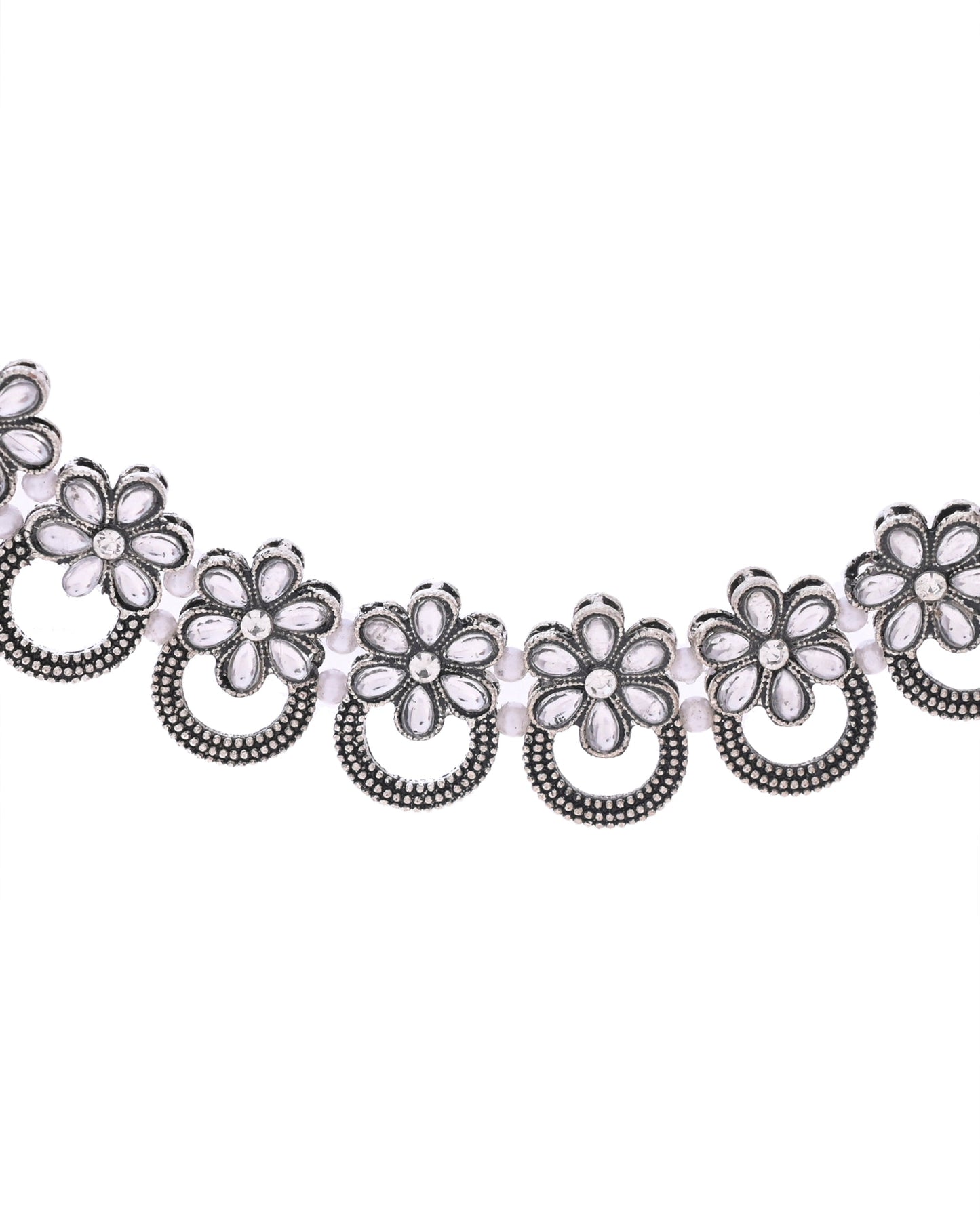 VOJ Oxidized Floral Stone Studded Necklace With Earrings Set - Swadesiicart