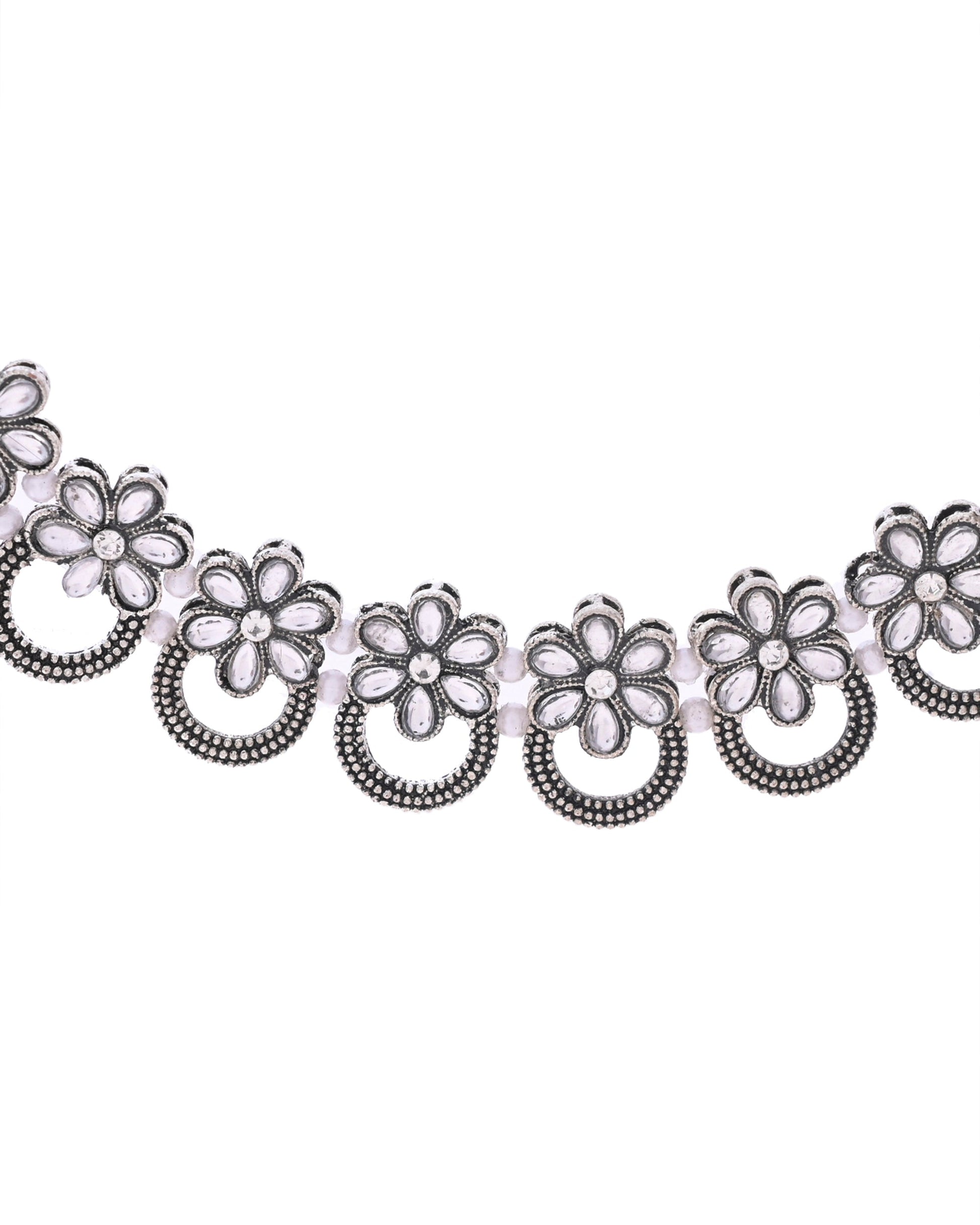 VOJ Oxidized Floral Stone Studded Necklace With Earrings Set - Swadesiicart