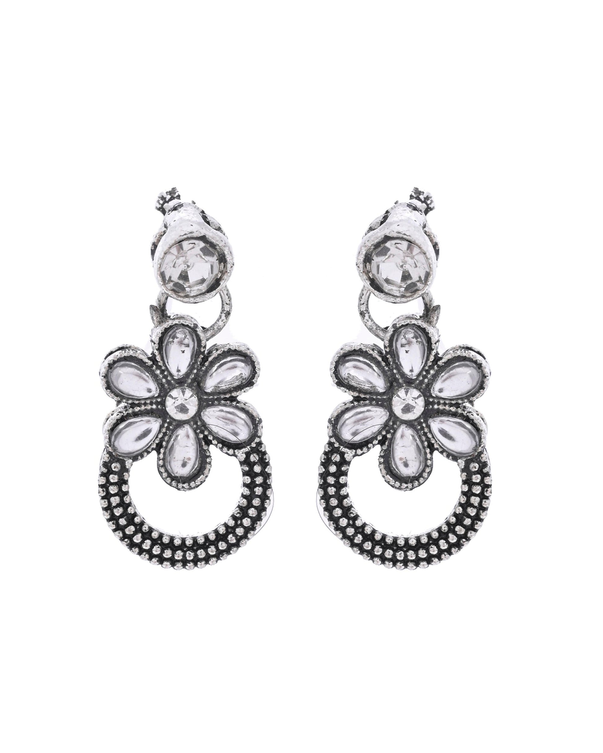 VOJ Oxidized Floral Stone Studded Necklace With Earrings Set - Swadesiicart