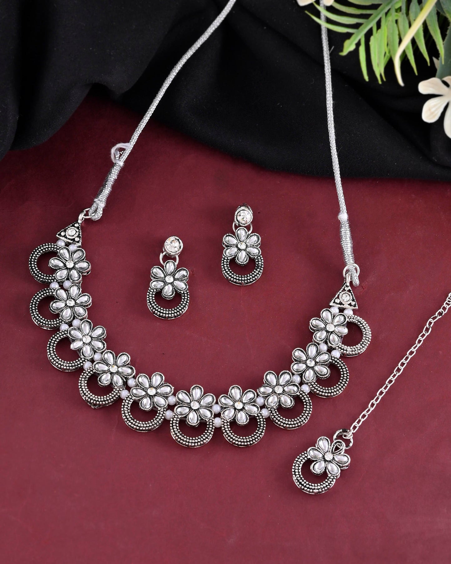 VOJ Oxidized Floral Stone Studded Necklace With Earrings Set - Swadesiicart