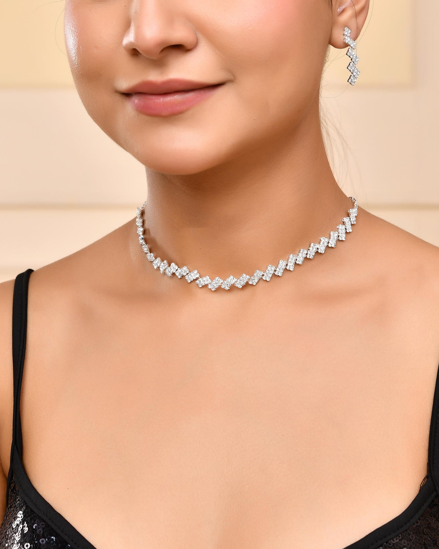 VOJ Silver Plated Stones Studded minimal Designed Jewellery Set - Swadesiicart