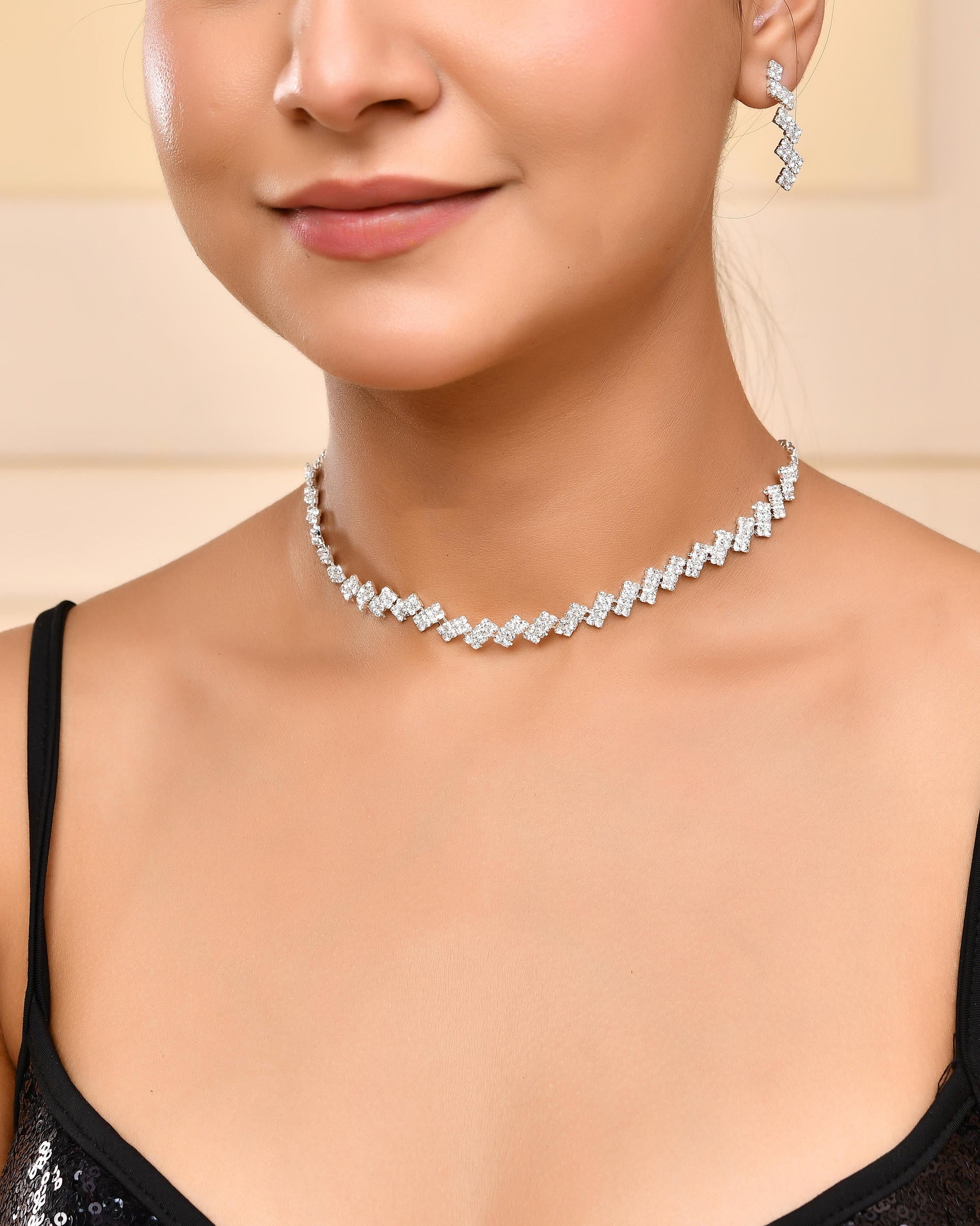 VOJ Silver Plated Stones Studded minimal Designed Jewellery Set - Swadesiicart