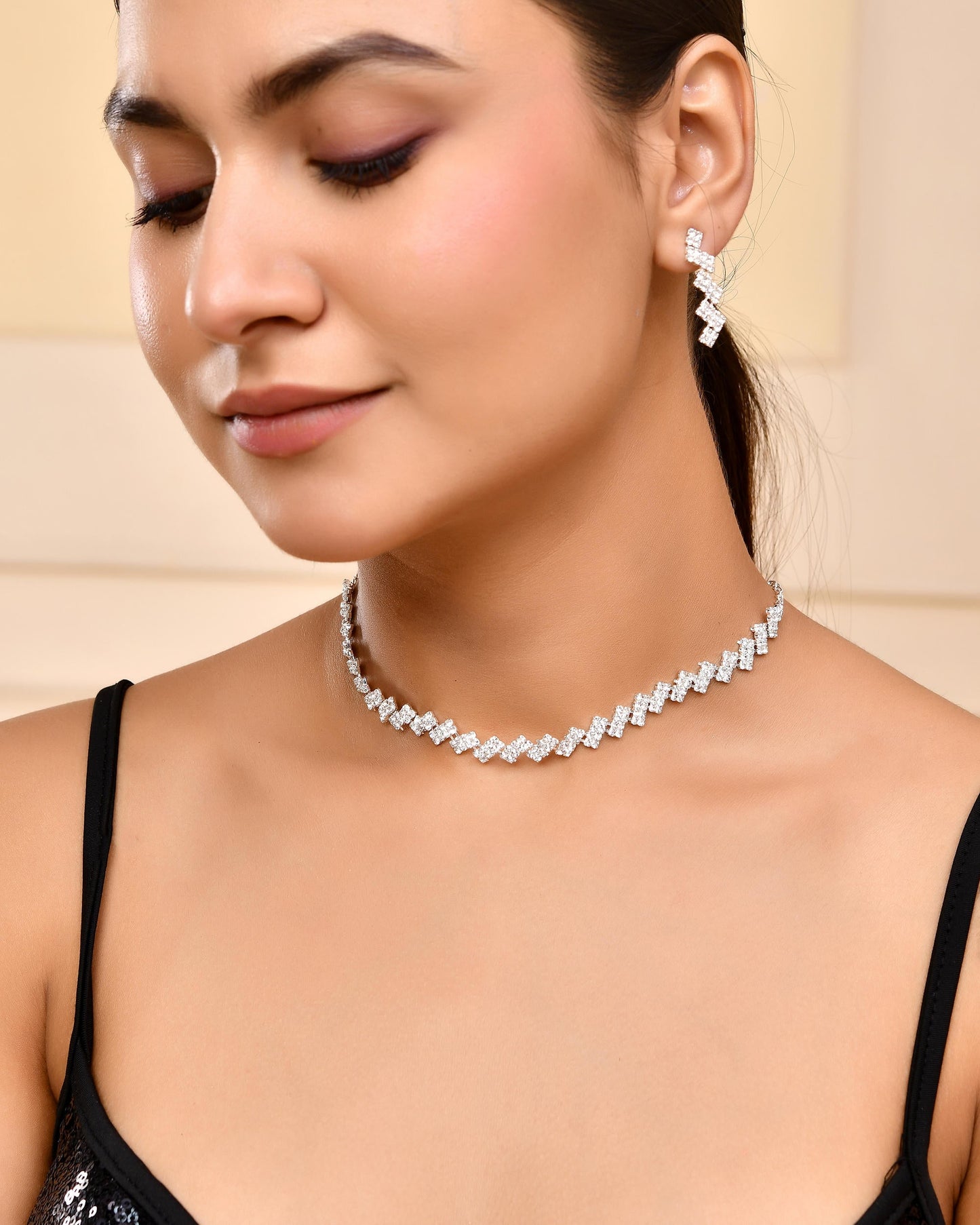 VOJ Silver Plated Stones Studded minimal Designed Jewellery Set - Swadesiicart