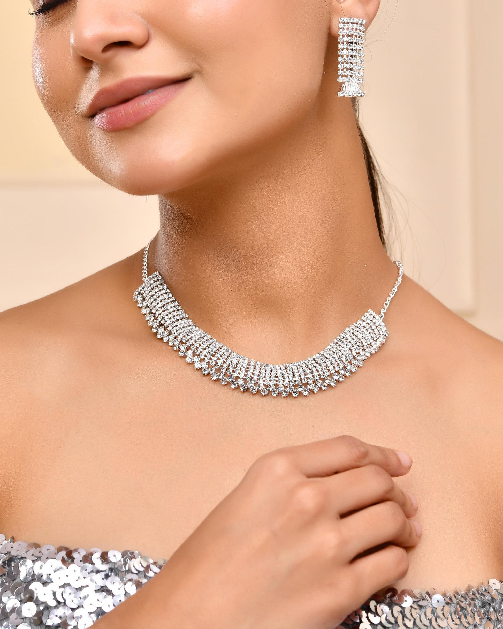 VOJ Silver-Plated Artificial Stones Studded Choker Jewellery Set - Swadesiicart