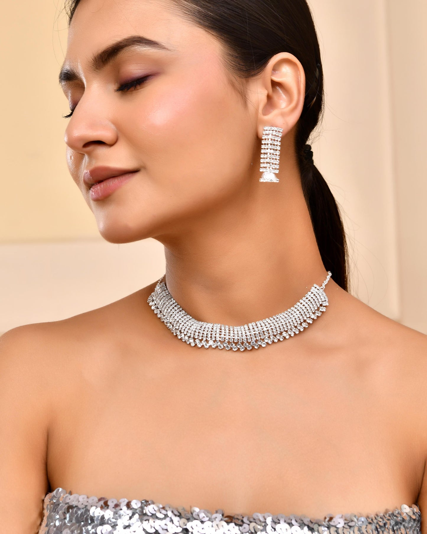 VOJ Silver-Plated Artificial Stones Studded Choker Jewellery Set - Swadesiicart
