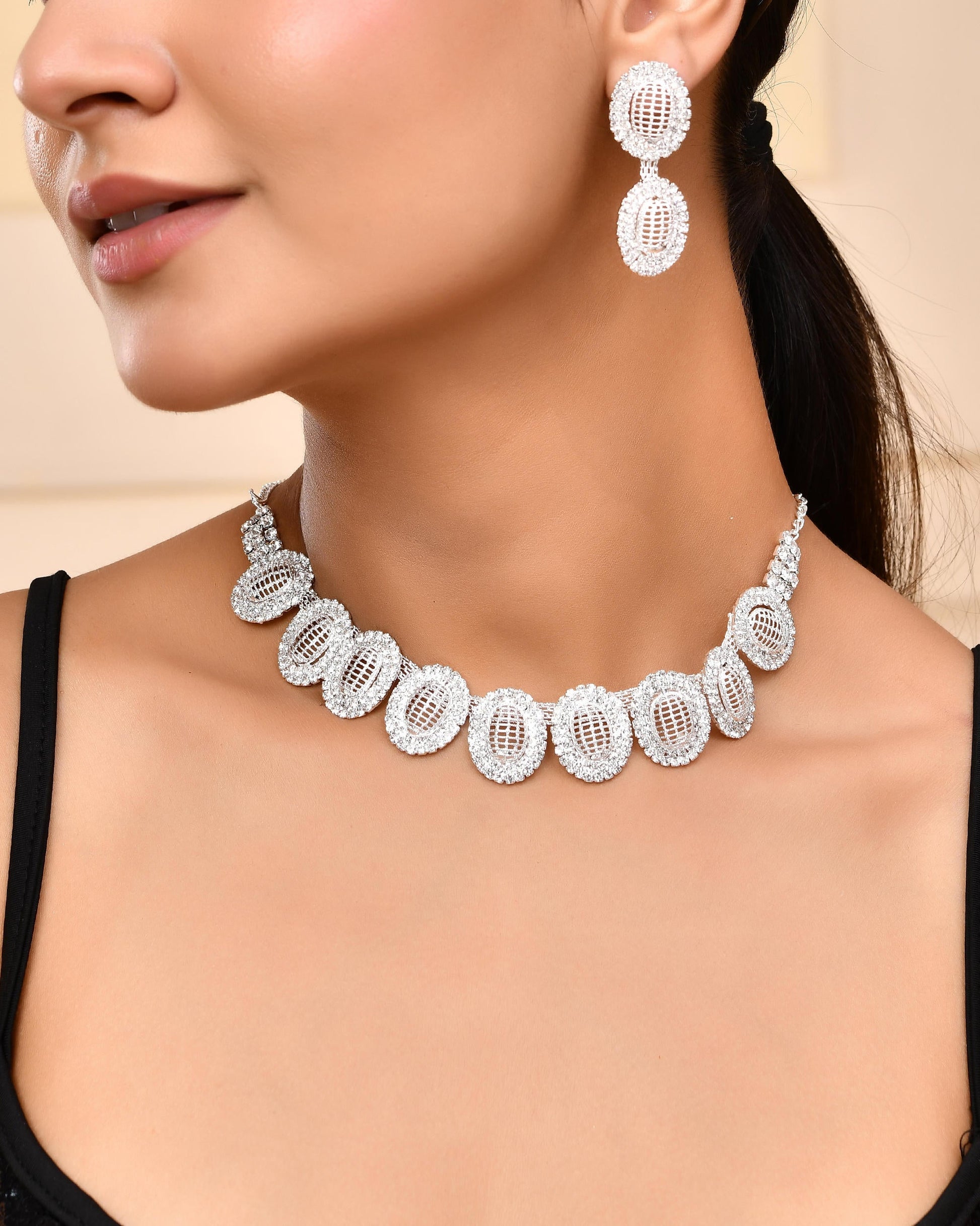 VOJ Silver-Plated Stones Studded Oval Shaped Jewellery Set - Swadesiicart