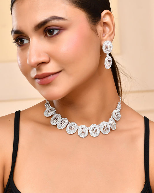 VOJ Silver-Plated Stones Studded Oval Shaped Jewellery Set - Swadesiicart