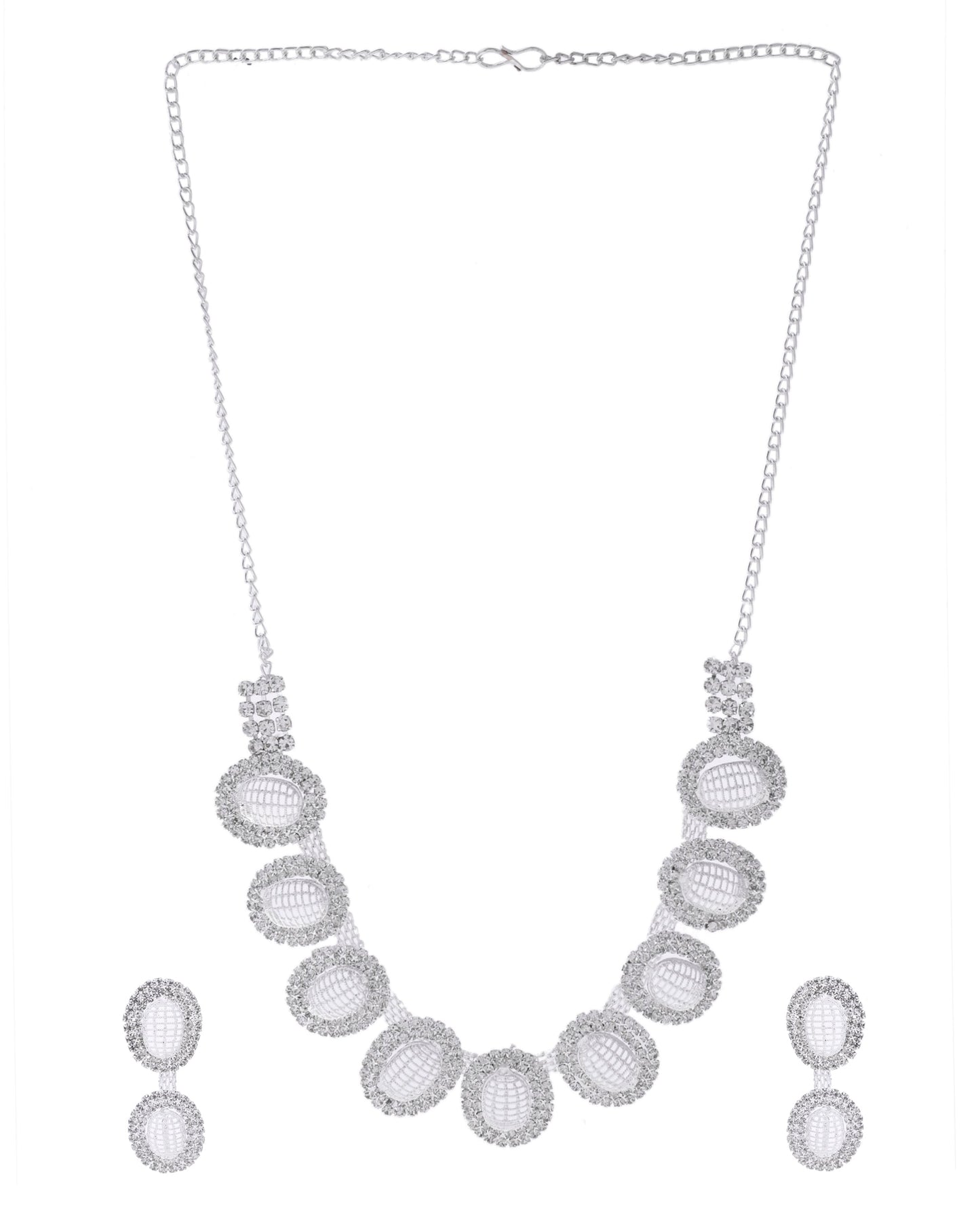 VOJ Silver-Plated Stones Studded Oval Shaped Jewellery Set - Swadesiicart
