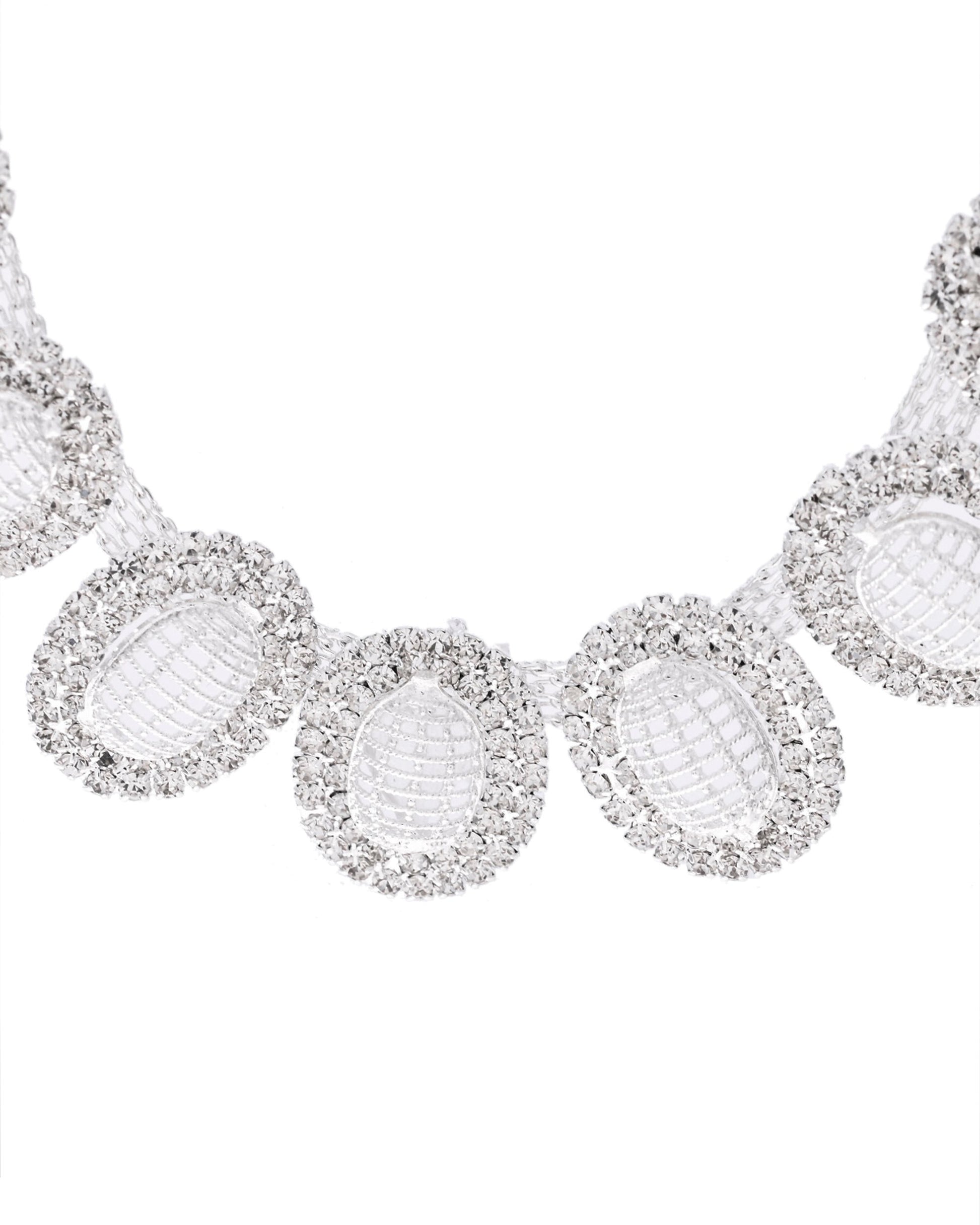 VOJ Silver-Plated Stones Studded Oval Shaped Jewellery Set - Swadesiicart