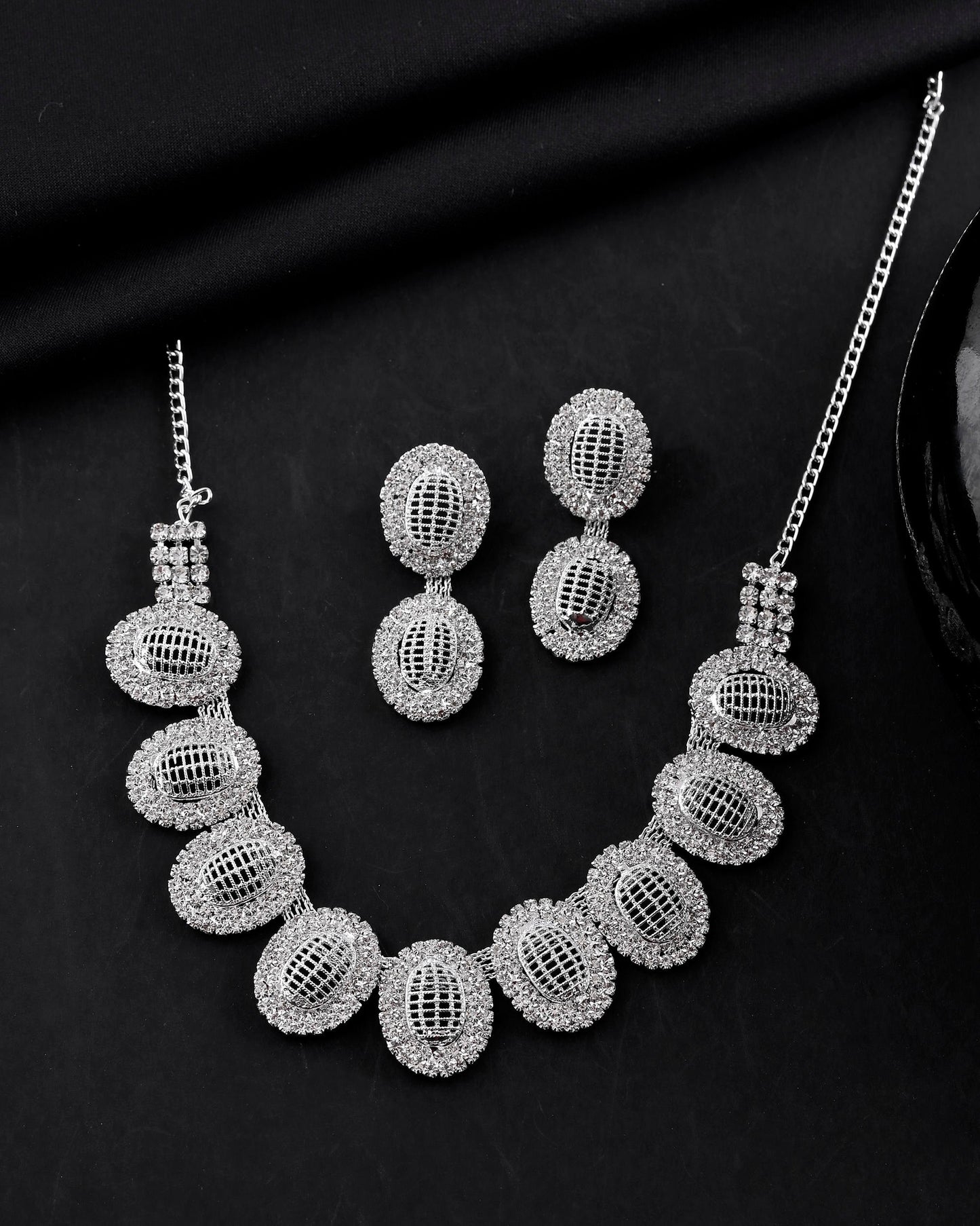 VOJ Silver-Plated Stones Studded Oval Shaped Jewellery Set - Swadesiicart