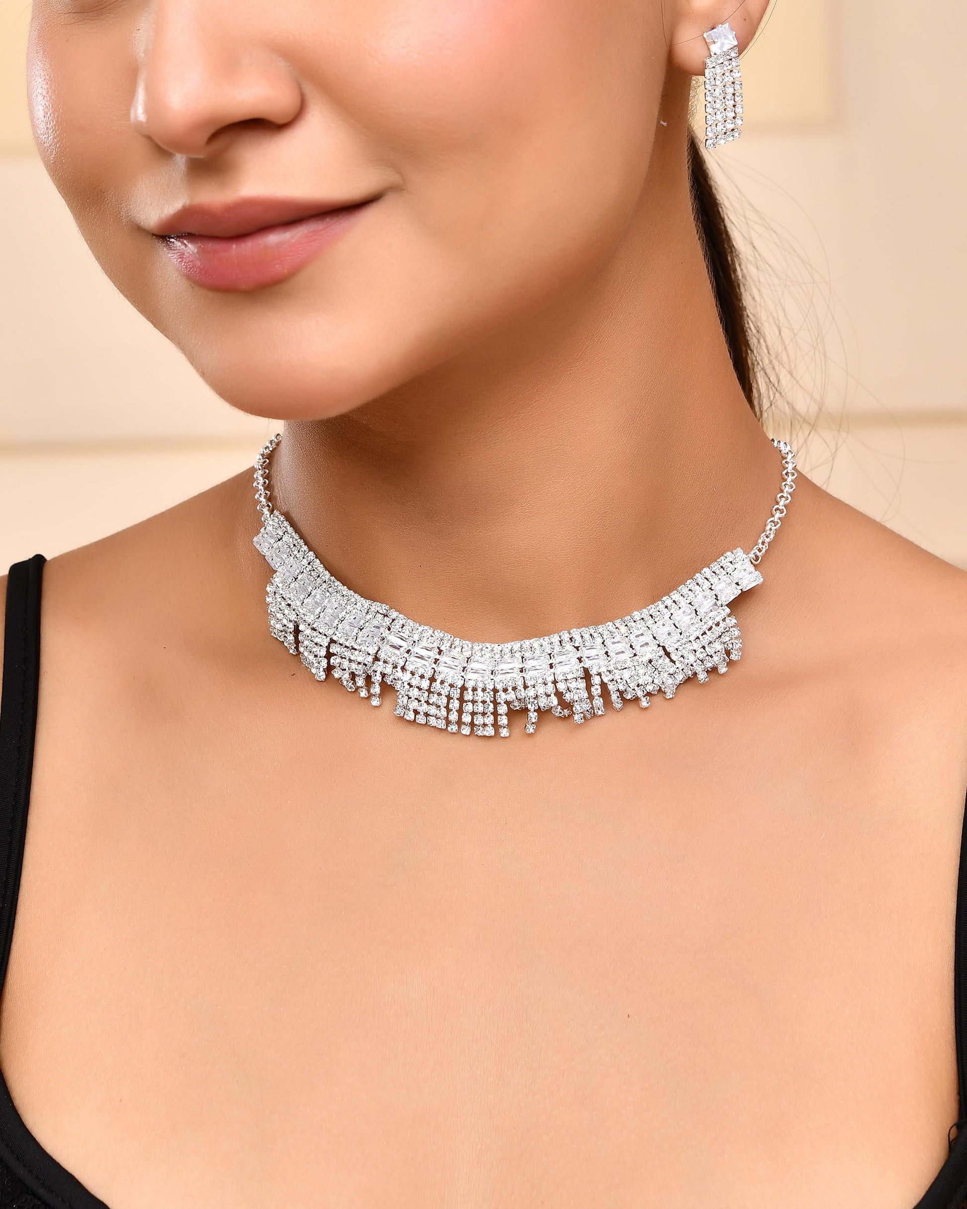 VOJ Silver-Plated Stones Studded Jewellery Set - Swadesiicart