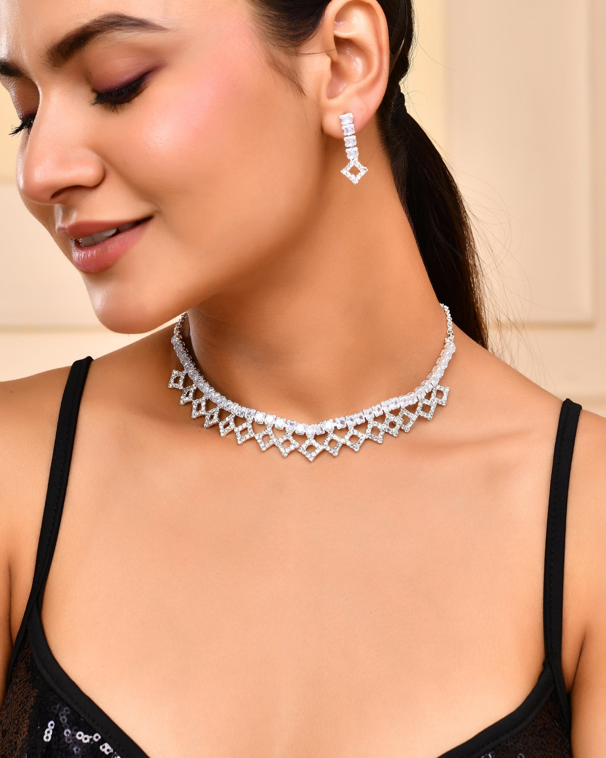 VOJ Silver-Plated Stones Studded Geomatrical Jewellery Set - Swadesiicart