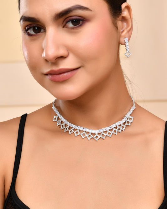 VOJ Silver-Plated Stones Studded Geomatrical Jewellery Set - Swadesiicart