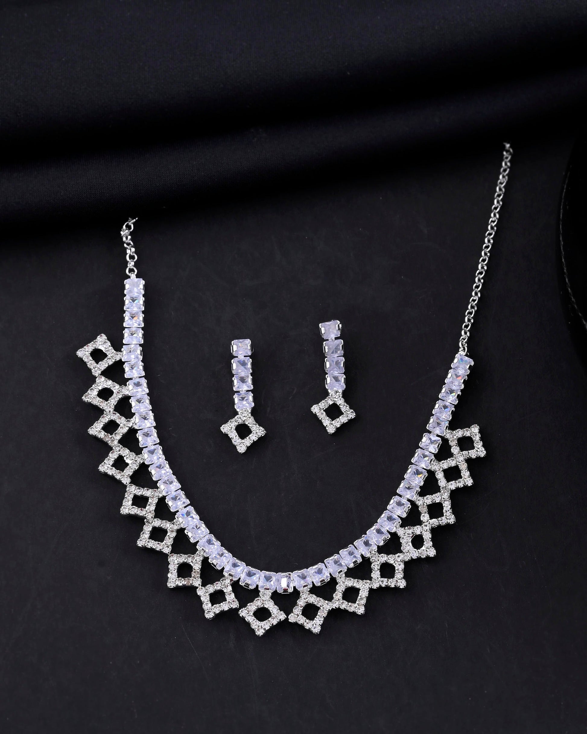 VOJ Silver-Plated Stones Studded Geomatrical Jewellery Set - Swadesiicart