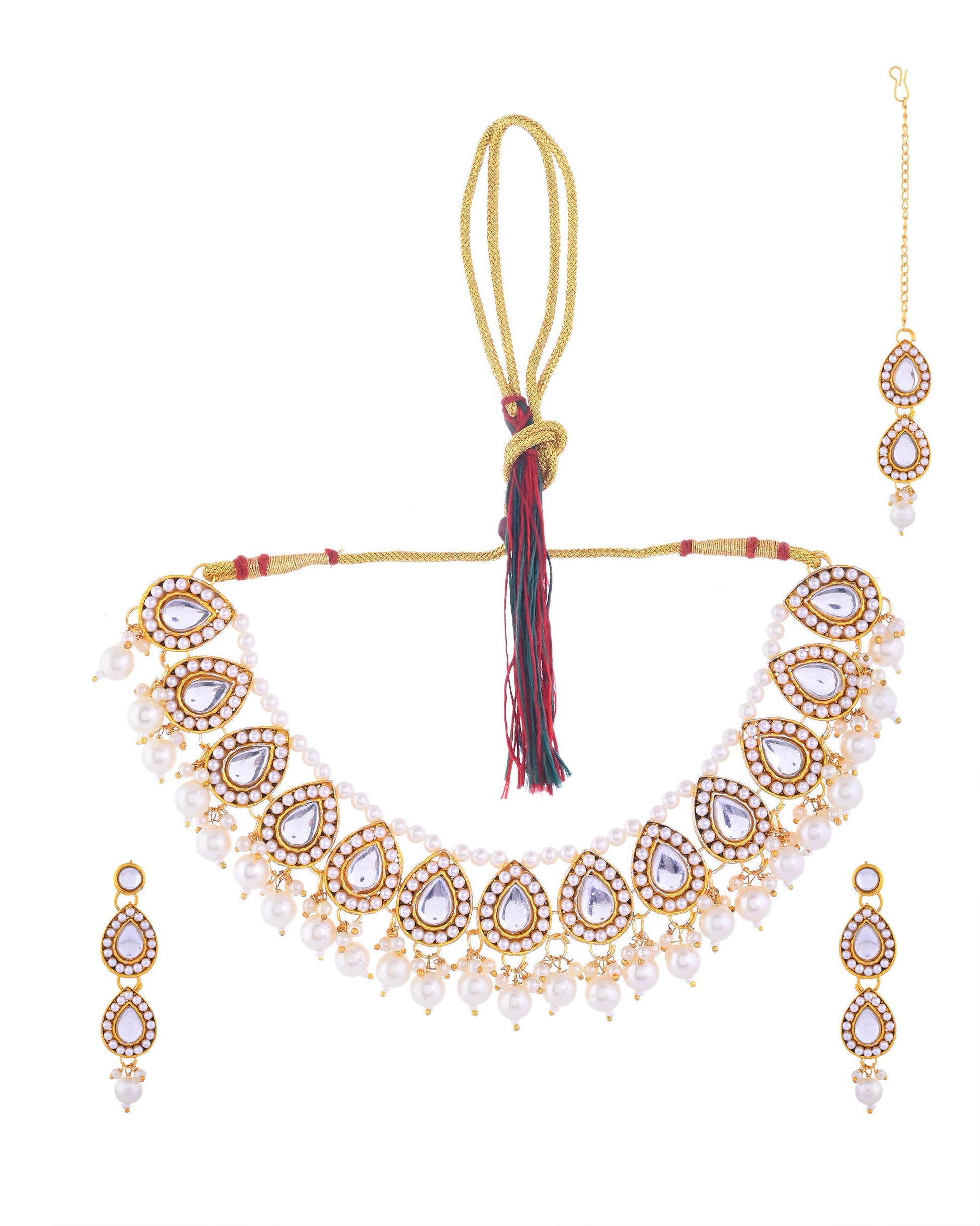 VOJ Gold-Polished Kundan Stones Studded Jewellery Set With Maang Tikka - Swadesiicart