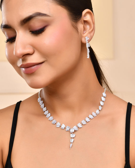 VOJ Silver Plated Artifical Stone Studded Necklace Set - Swadesiicart