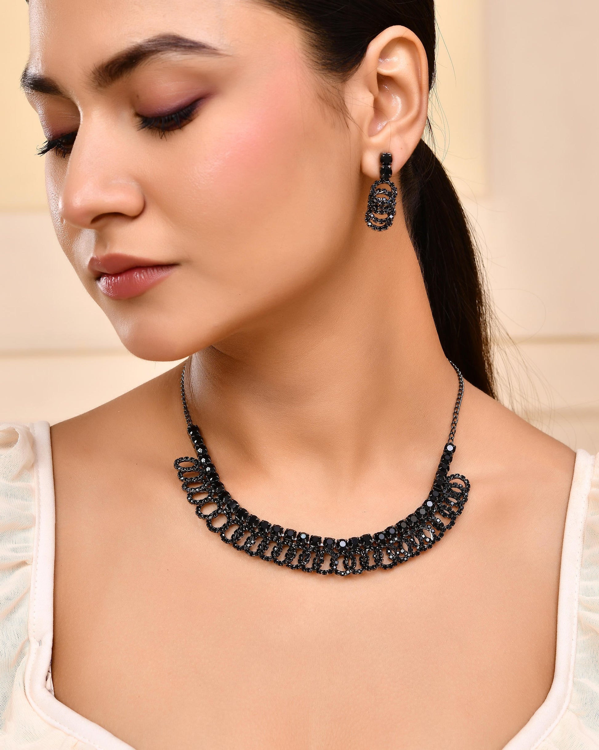 VOJ Black Circular Stone Studded Jewellery Set - Swadesiicart