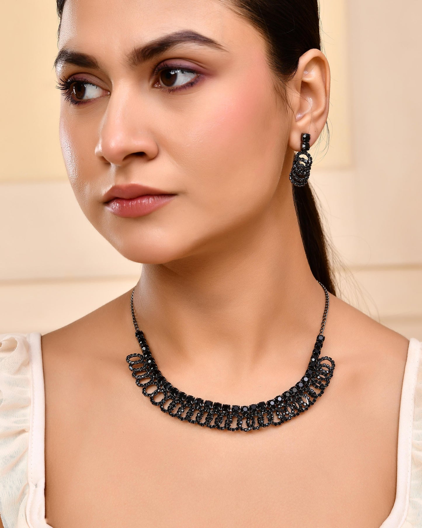 VOJ Black Circular Stone Studded Jewellery Set - Swadesiicart