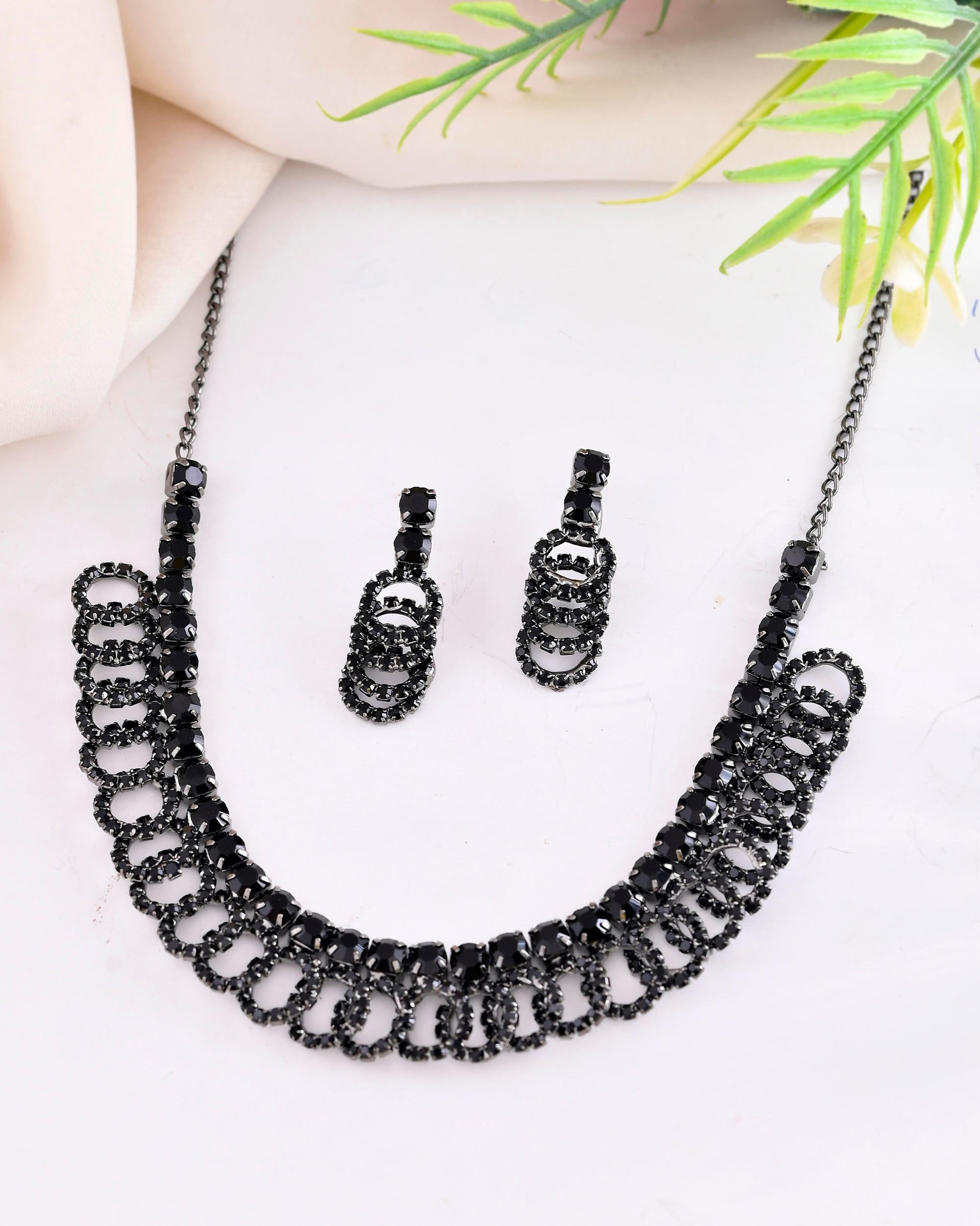 VOJ Black Circular Stone Studded Jewellery Set - Swadesiicart